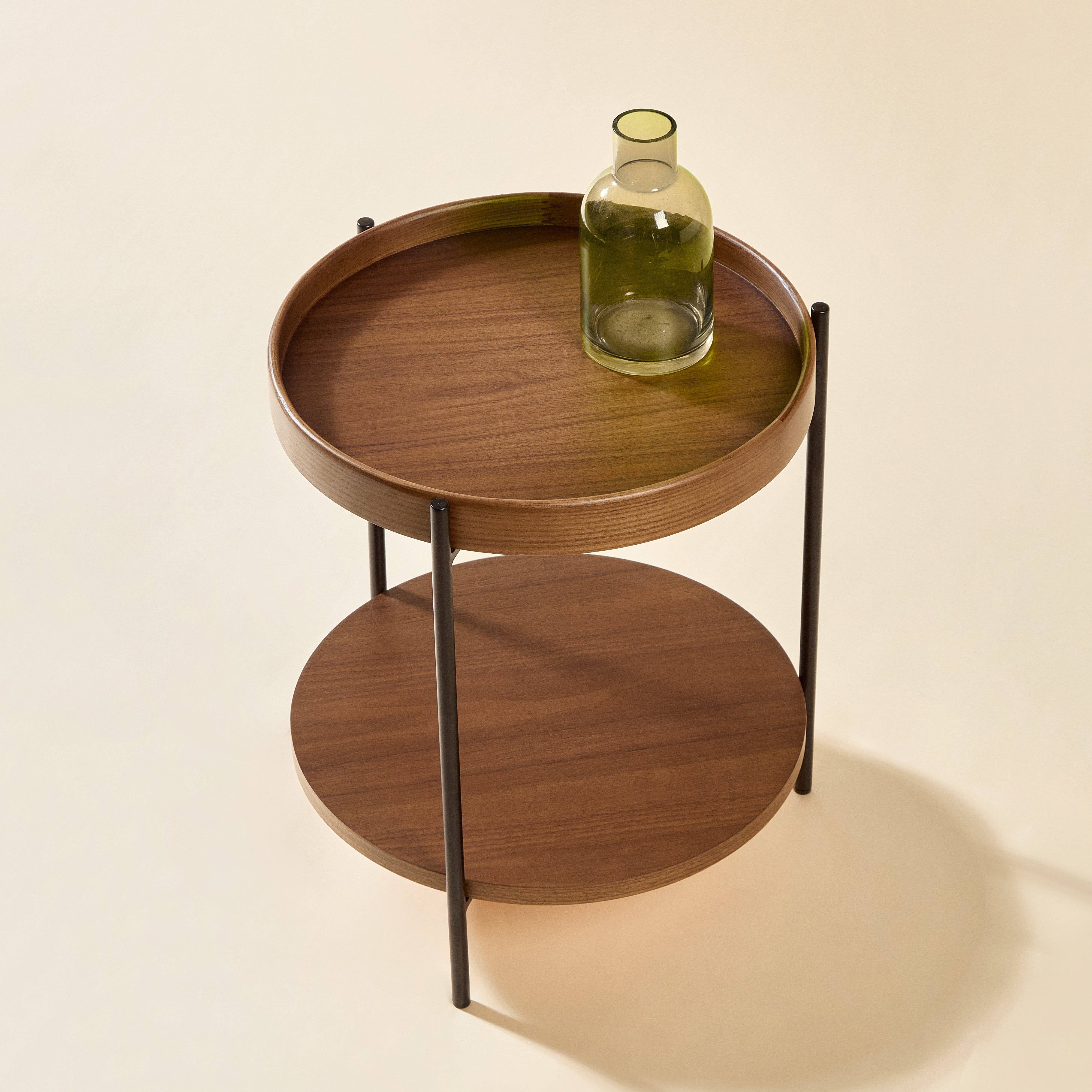 Modern Round Coffee Table with 2-Tier Tray and Iron Frame, Wood and Iron