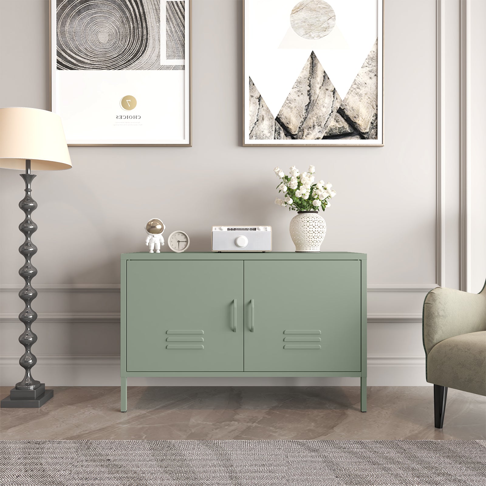 Metal Storage Cabinet with Adjustable Dividers and Cable Management, Green