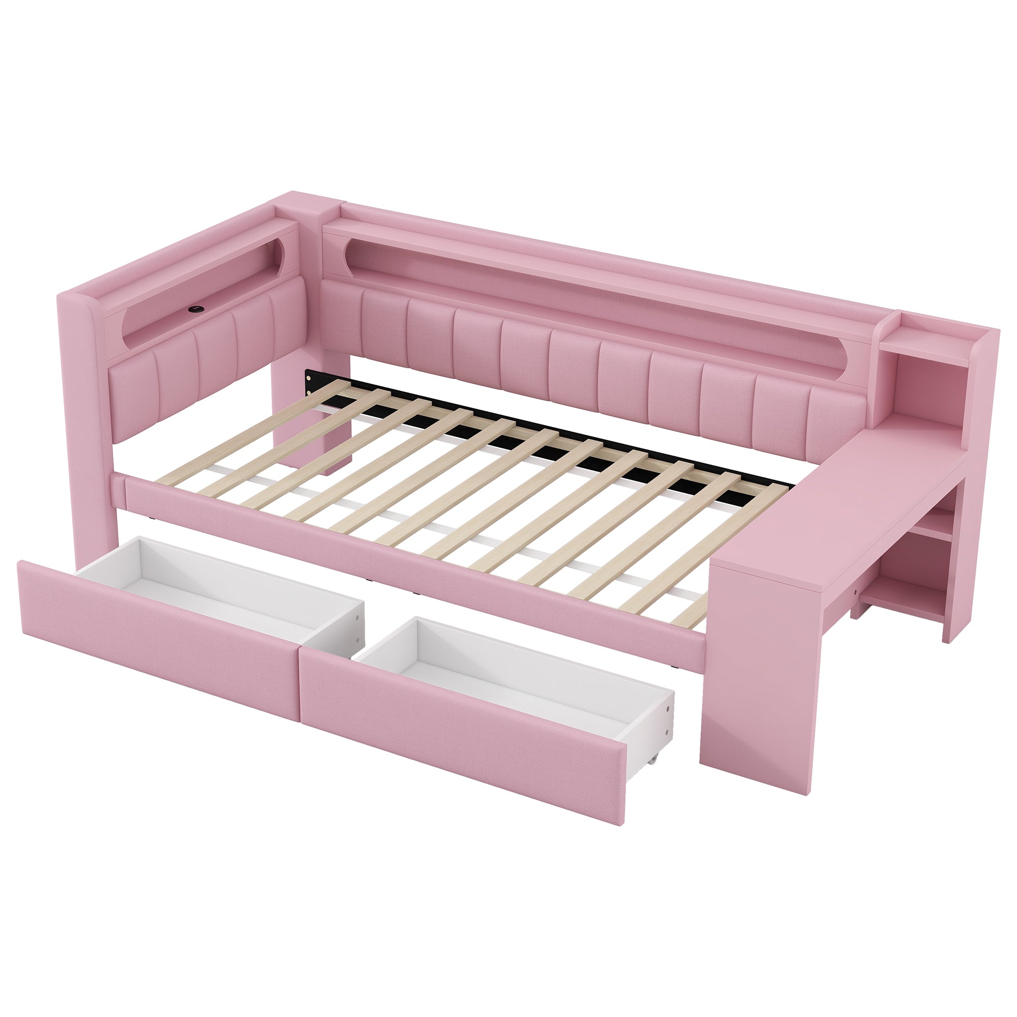 Upholstered Daybed 90x200cm USB LED Desk 2 Drawers - Pink