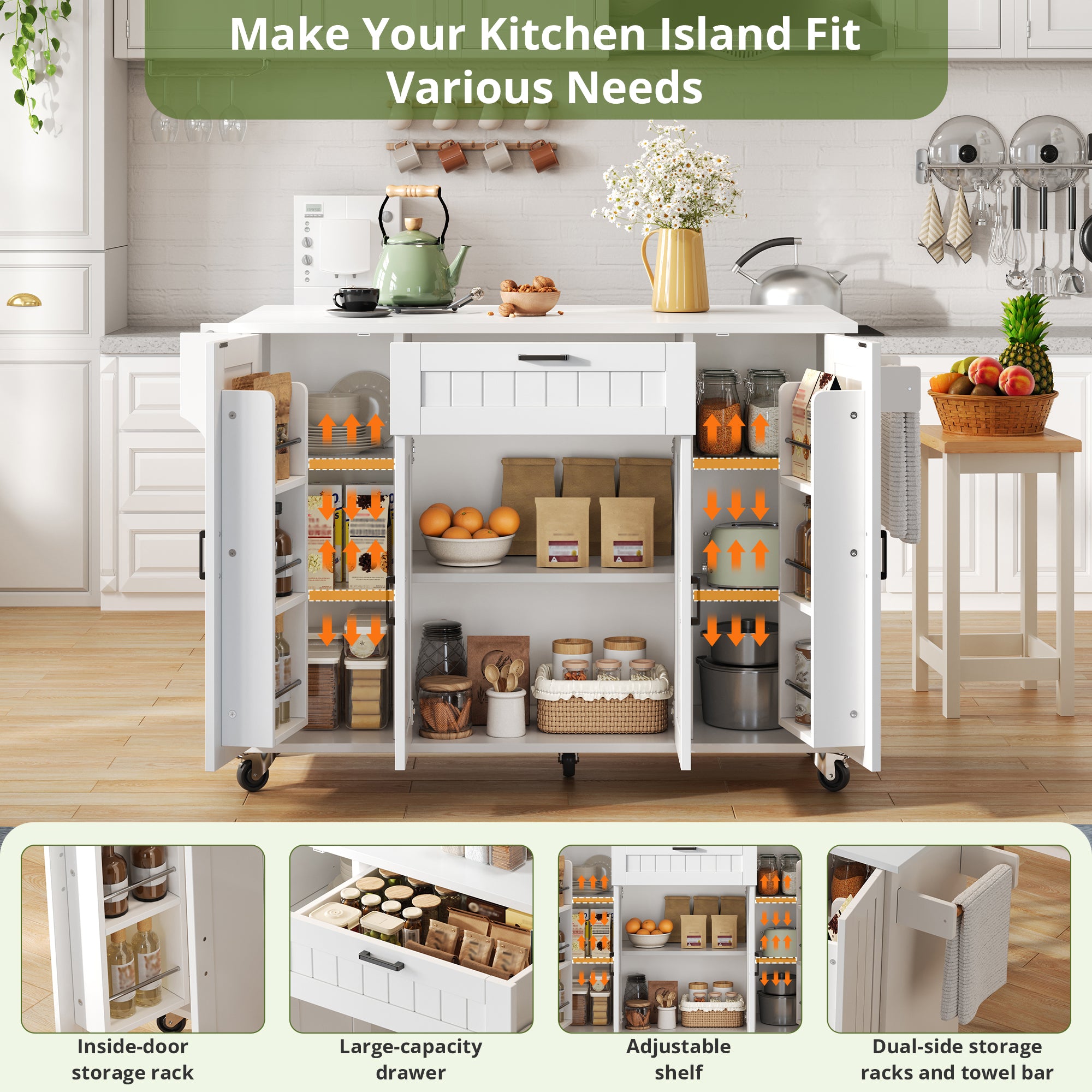 Mobile Kitchen Island Folding Worktop, Cabinet Storage, Spice Racks & Towel Rails - White