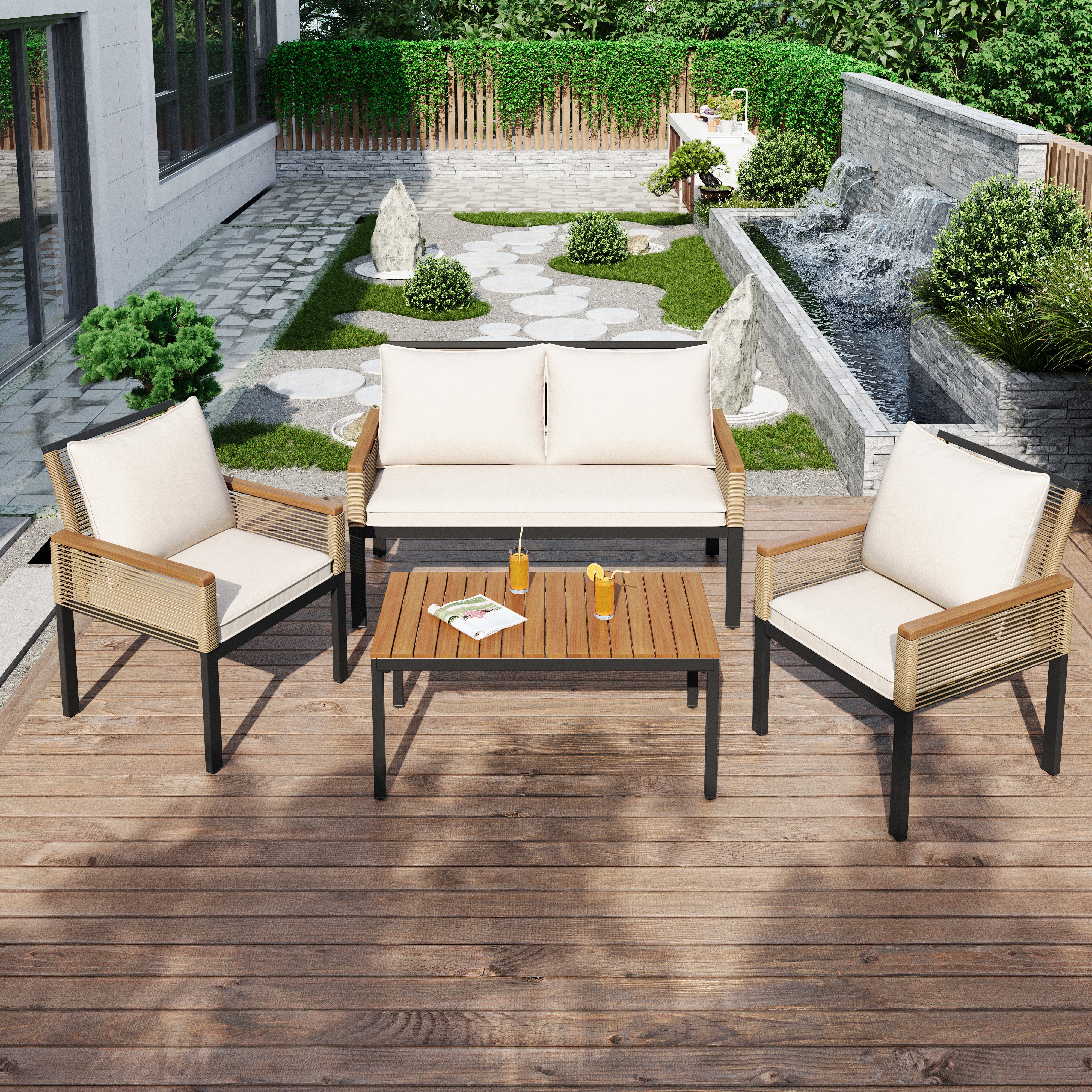 Garden Lounge Set with Double Sofa and 2 Armchairs, Rattan Beige