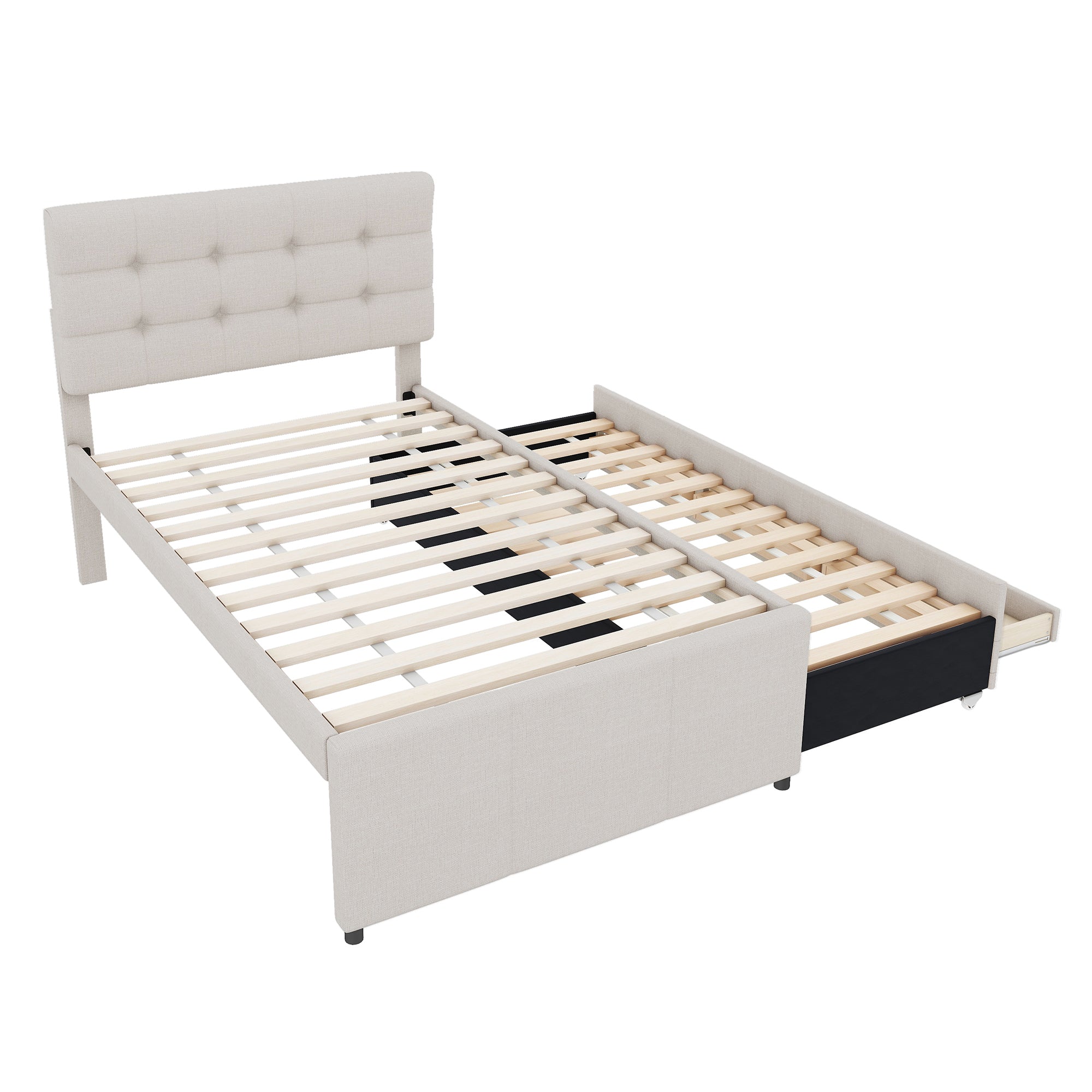 Upholstered Bed 90x200cm with 3 Drawers, Pull-out Trundle Bed, Adjustable Headboard, Beige