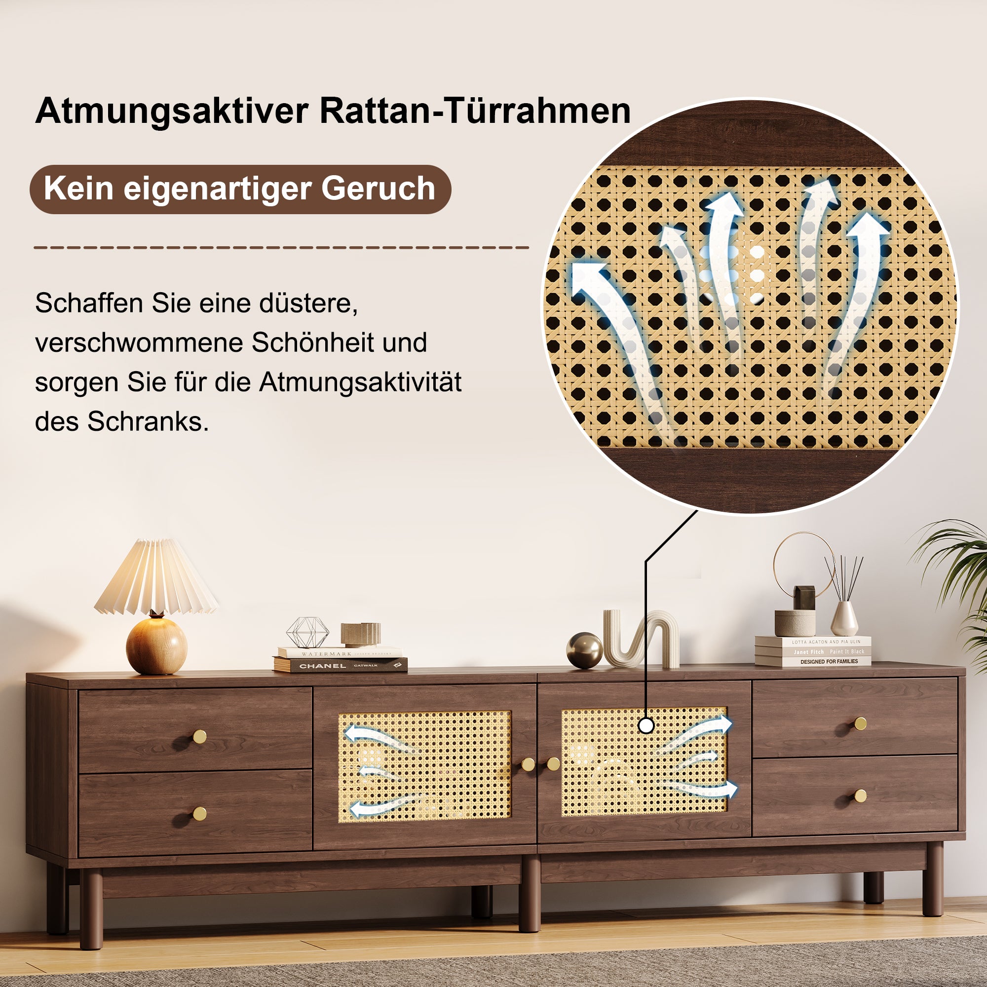 TV Cabinet, 180cm with Rattan Doors, 4 Drawers, Cable Management, Dark Wood