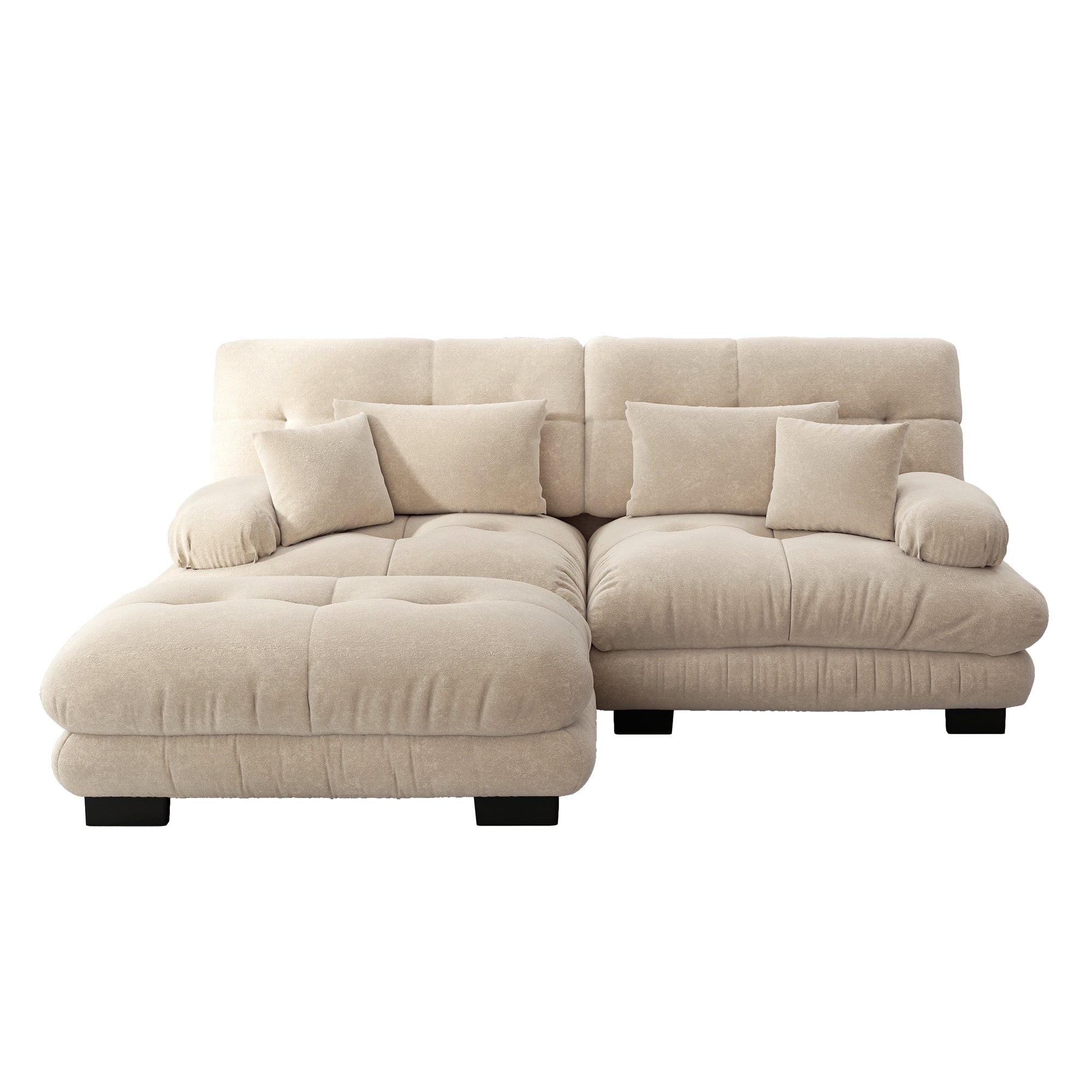Cloud Corner Sofa, Double with Lumbar & Decorative Pillows, Ottoman, Chenille Light Brown