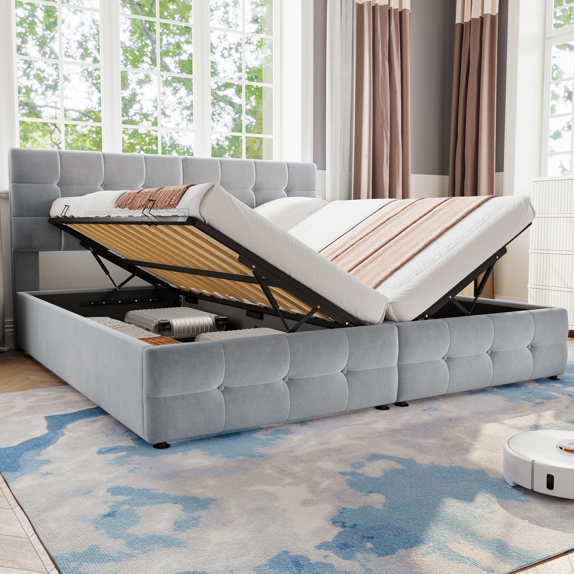 Upholstered Hydraulic Spliced Bed for Adults & Teenagers, Double 180x190cm or Single 90x190cm, with Checkered Sponge Backrest and Two Berth Hydraulic, Velvet & Iron, Grey