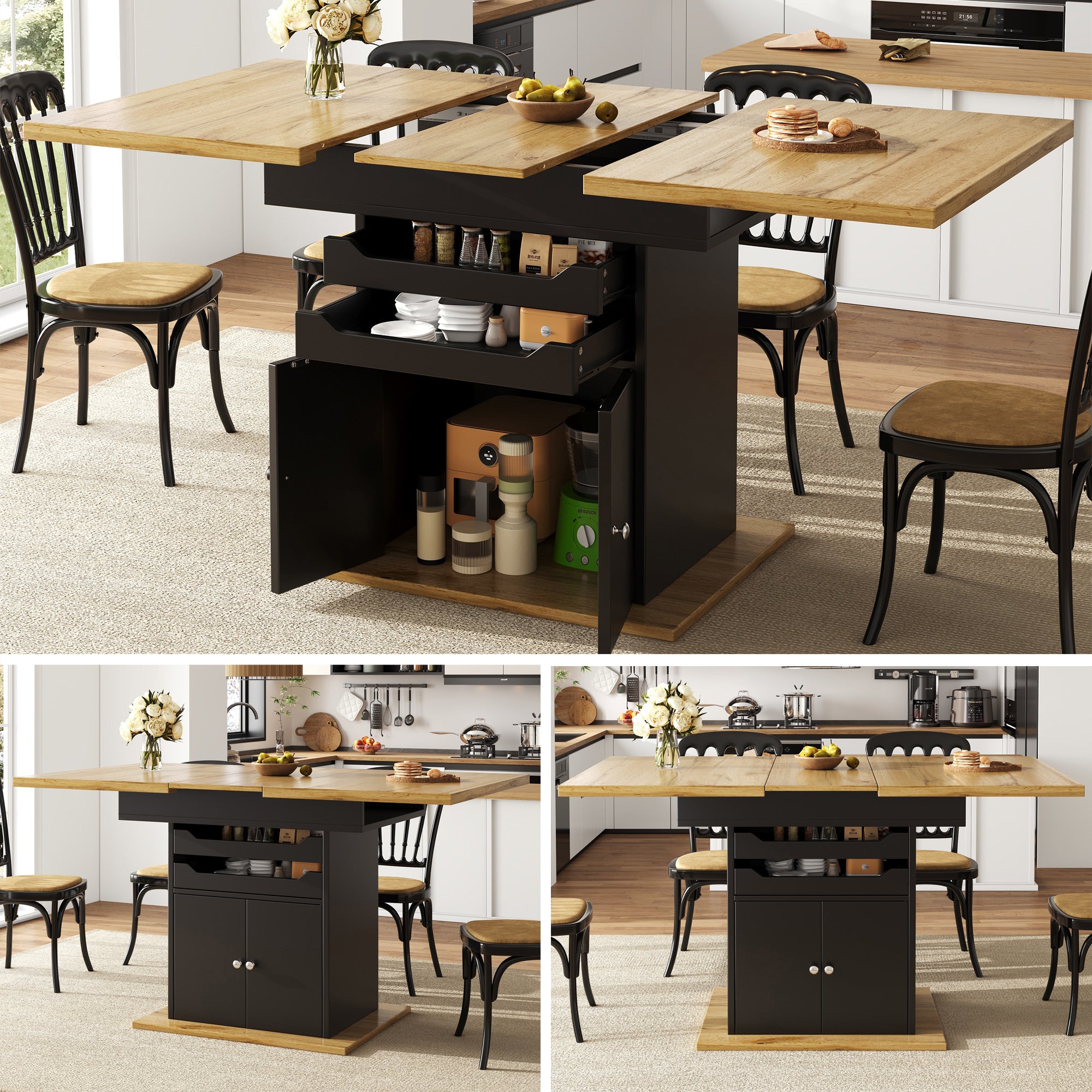 Telescopic Dining Table, Extendable 4-6 People Storage Drawers, Wooden