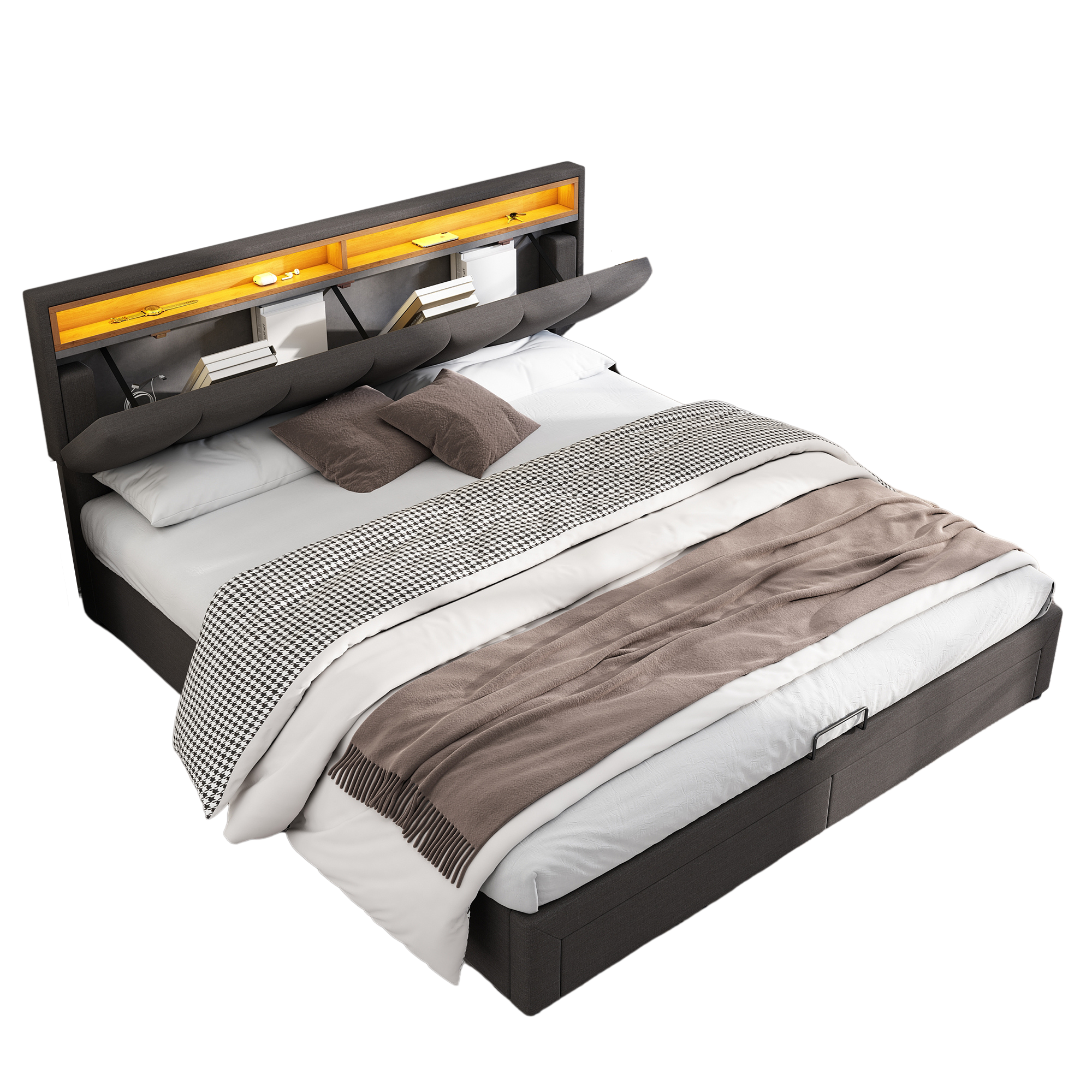 Upholstered Bed, Super King 6ft Hydraulic Storage with LED Lighting, Linen Grey