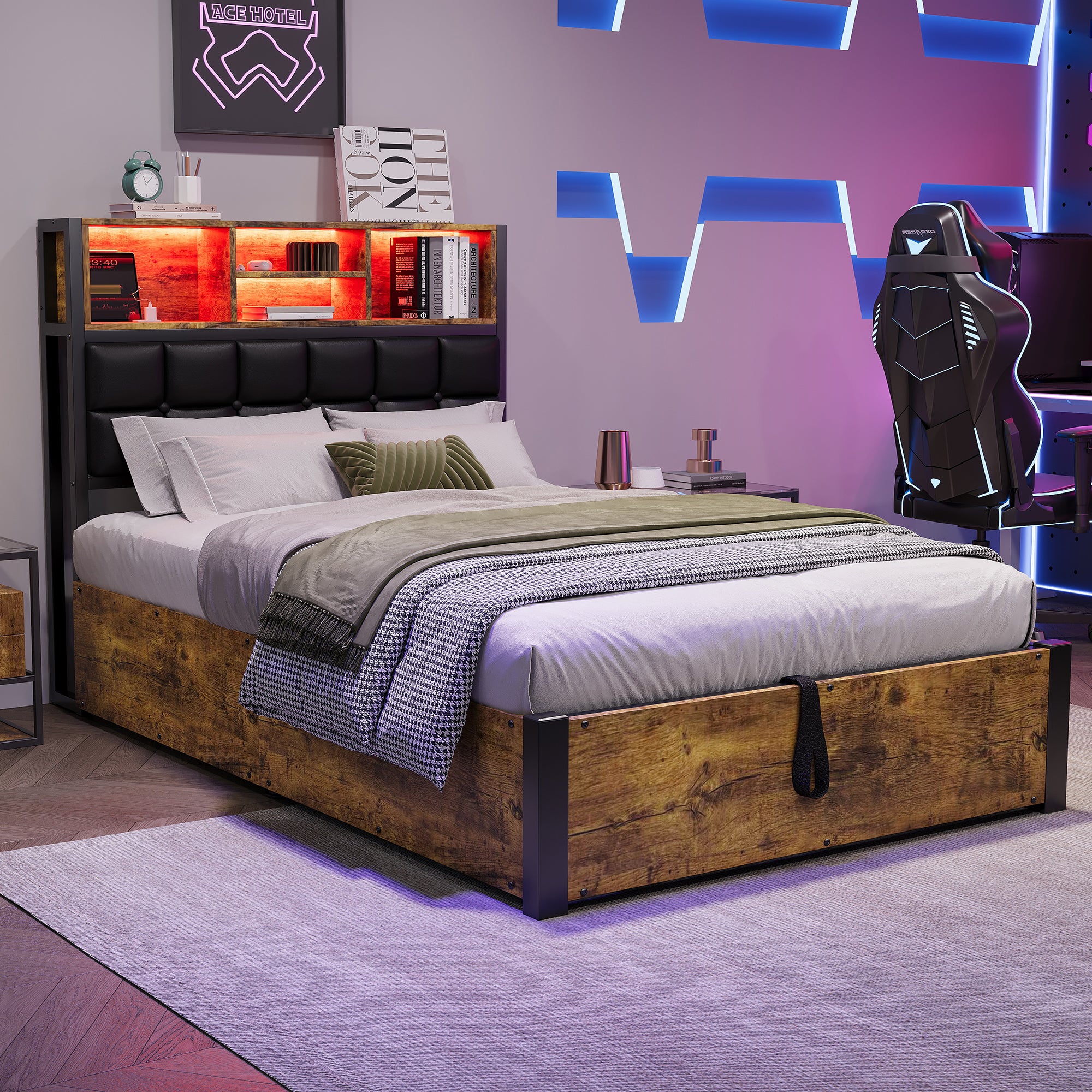 Hydraulic Metal Bed with Charging Port, LED Light, and Storage Headboard, Black + Wood
