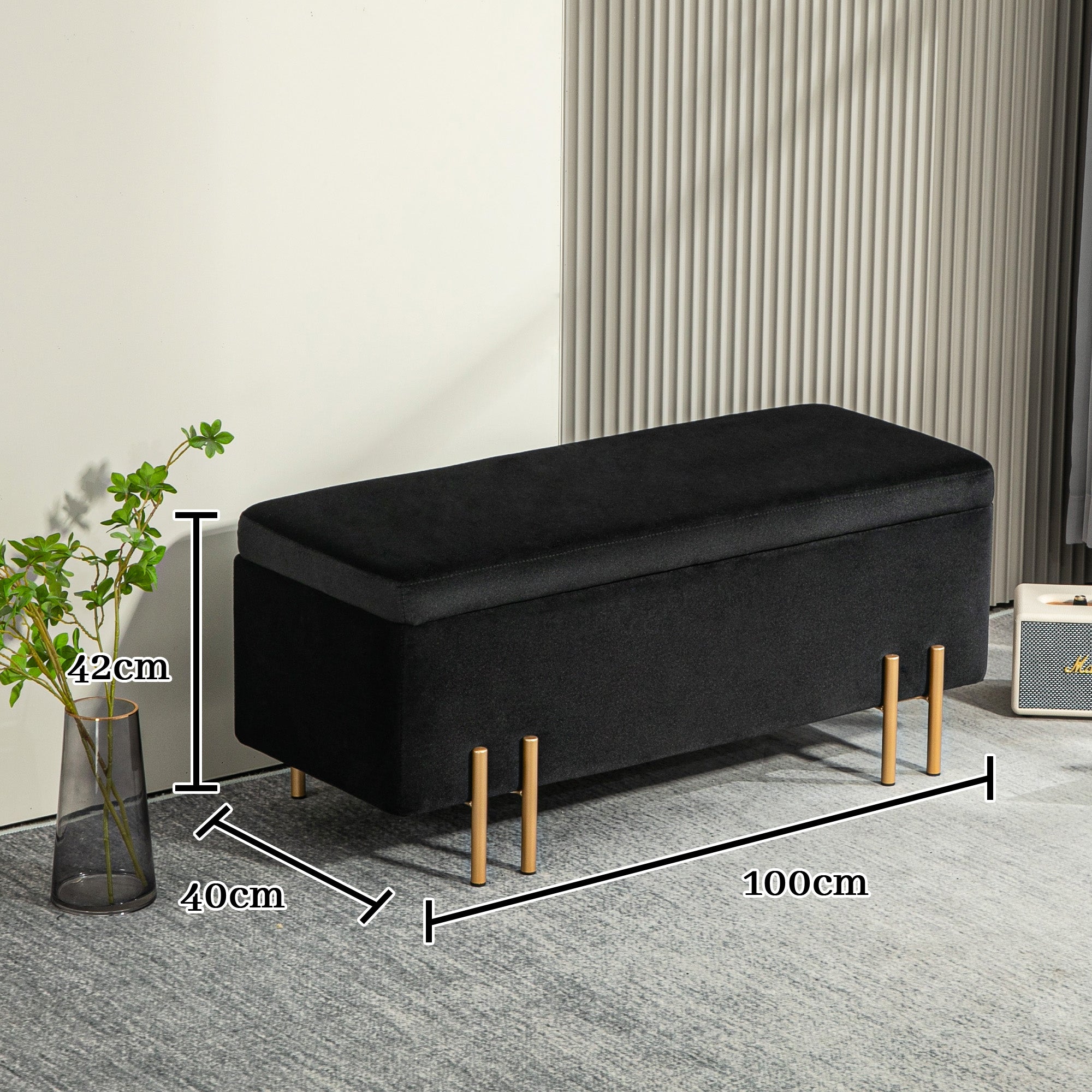 Bench Upholstered with Storage 100x40x42cm, Black Fabric/Metal