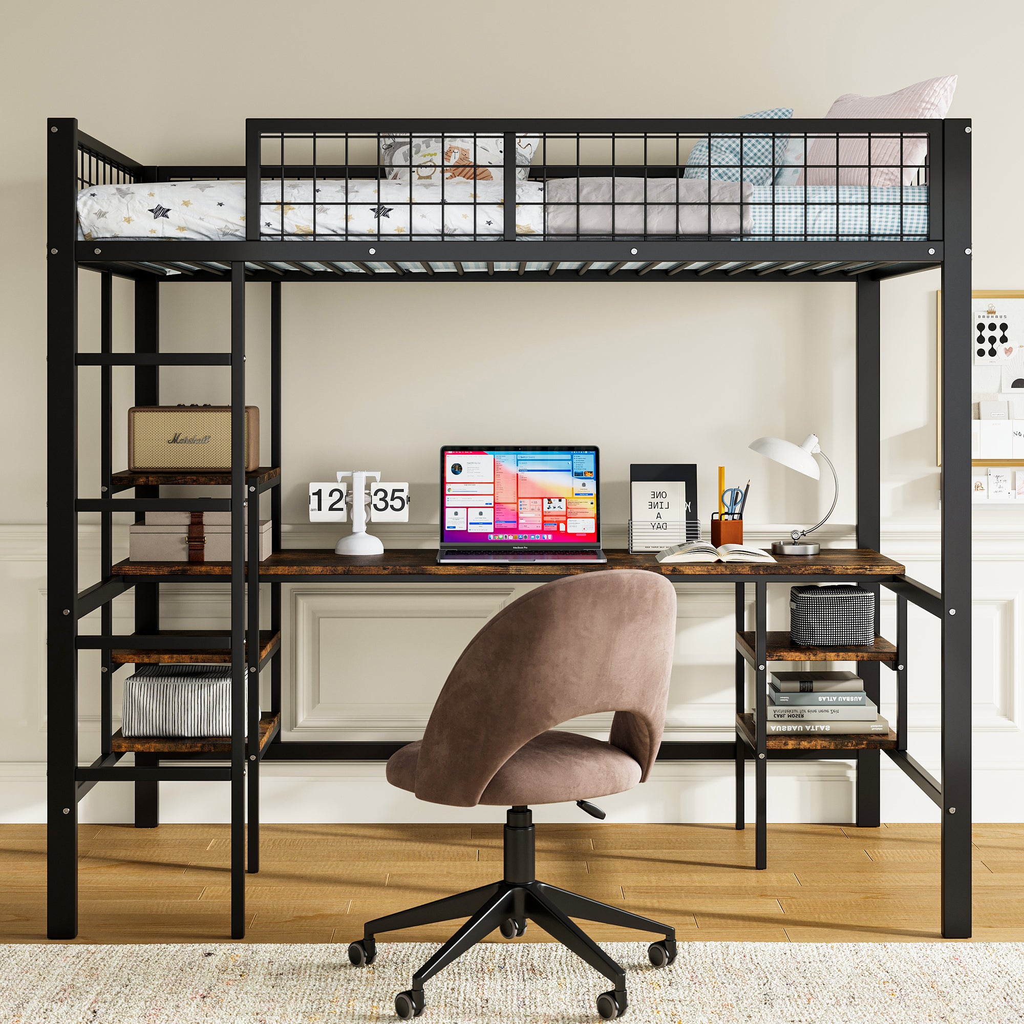 Iron Bunk Bed 90x200cm with Table Shelf Ladder for Children/Teens, Black/Dark Wood Color, Iron/Chipboard