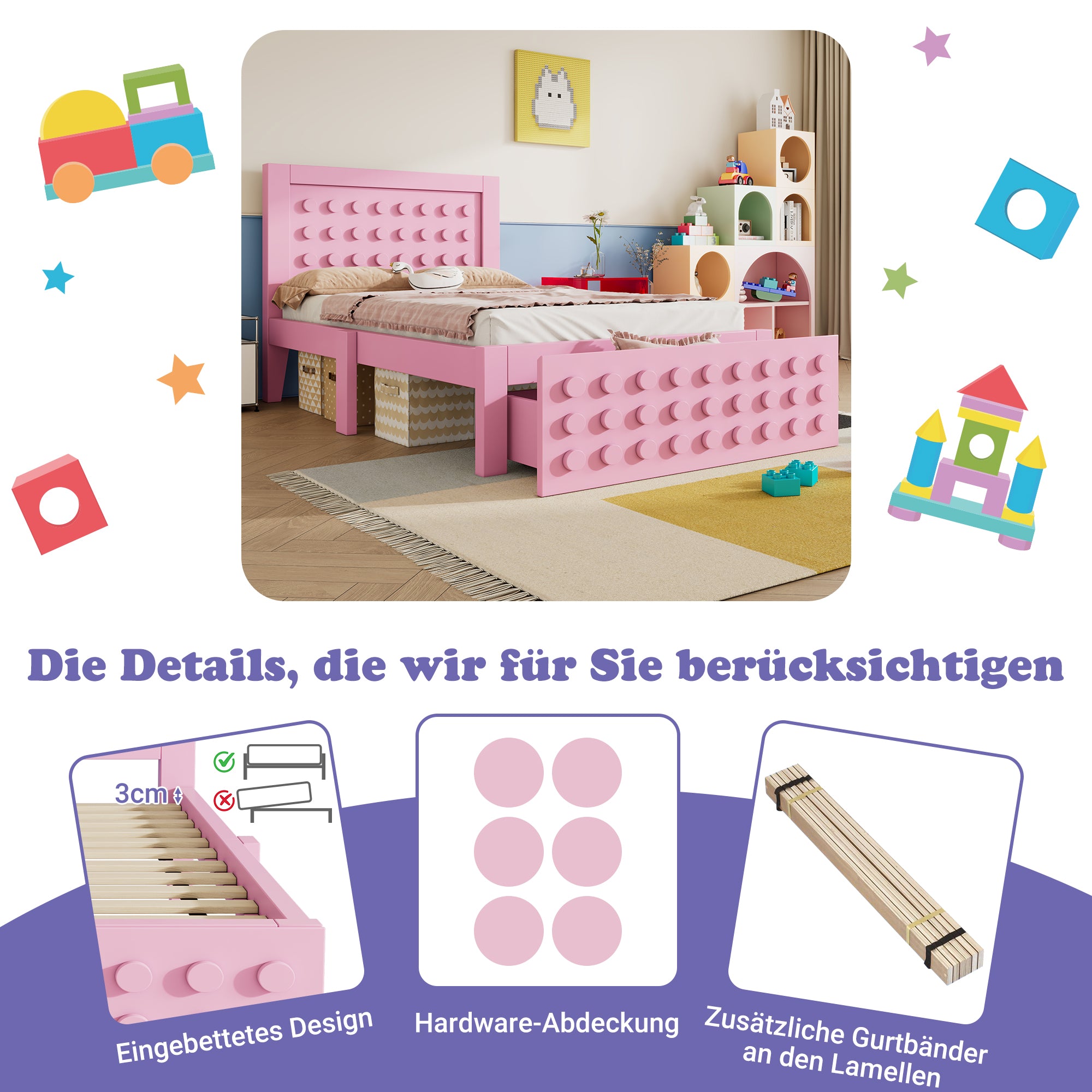 Wooden Single Bed 90x190cm Children's Creative Block Design with Drawers Pink