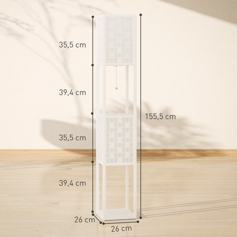 Floor Lamp, 2 Compartments E27 Socket Lattice Pattern Column with Foot Switch and Pull Chain, White