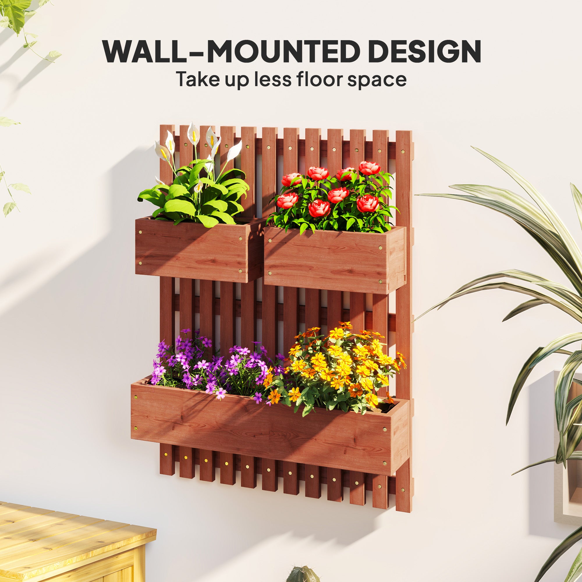 Wall-mounted Garden Planters, Trellis, Drainage Holes, 3 Planter Boxes - Wooden Brown