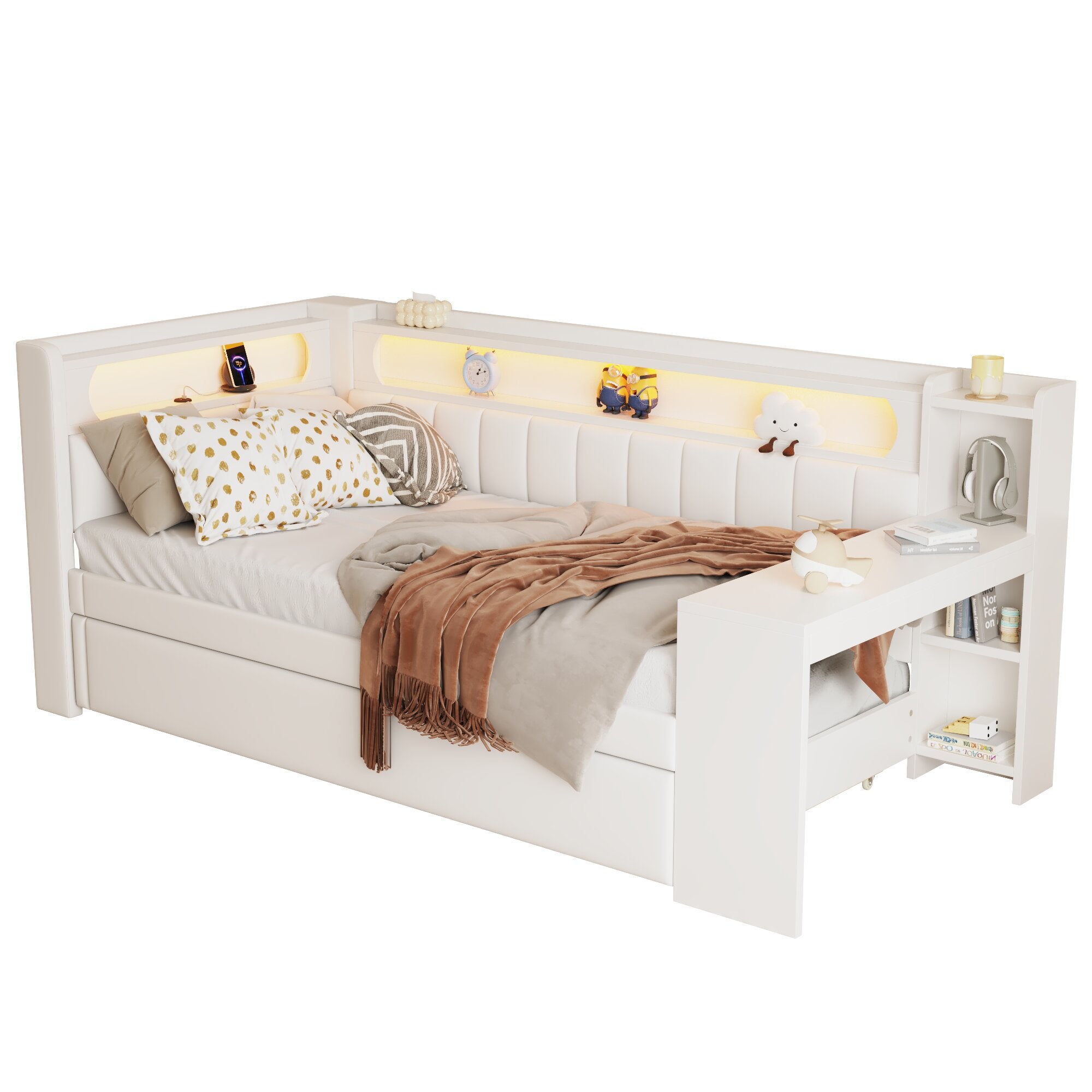 Daybed Upholstered 90x200cm Pull-out Bed Desk LED USB - White