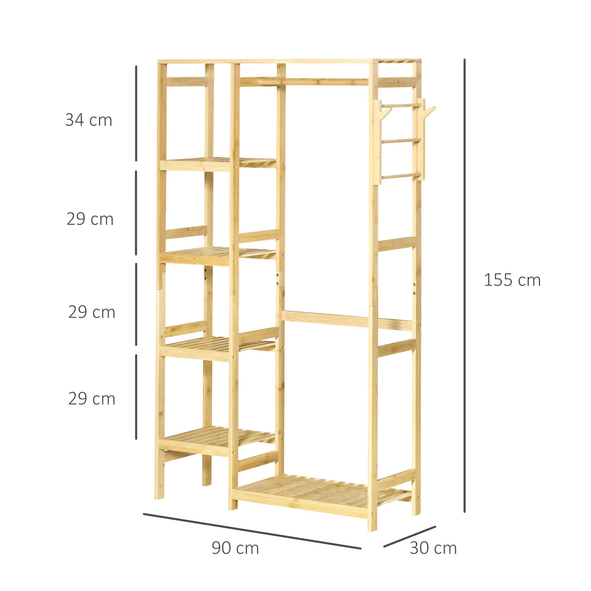 Bamboo Garment Rack Clothes Rack with Storage Shelf, Hanging Rail, and Side Hooks, Natural