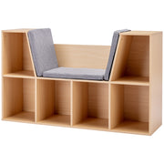 Children's Shelf Bookcase with Stool and 6 Compartments, Toy Box, Grey + Natural