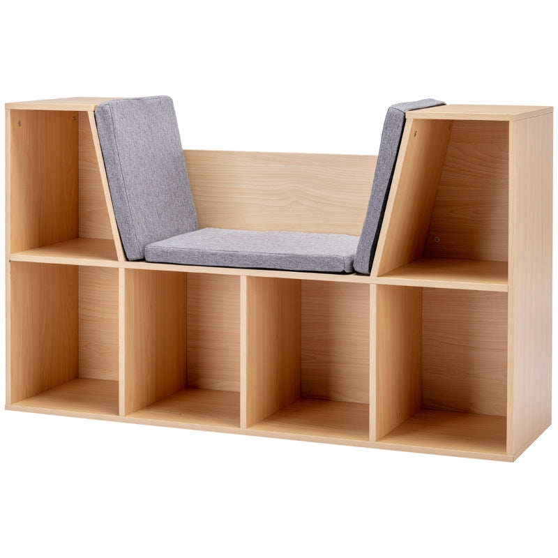 Children's Shelf Bookcase with Stool and 6 Compartments, Toy Box, Grey + Natural