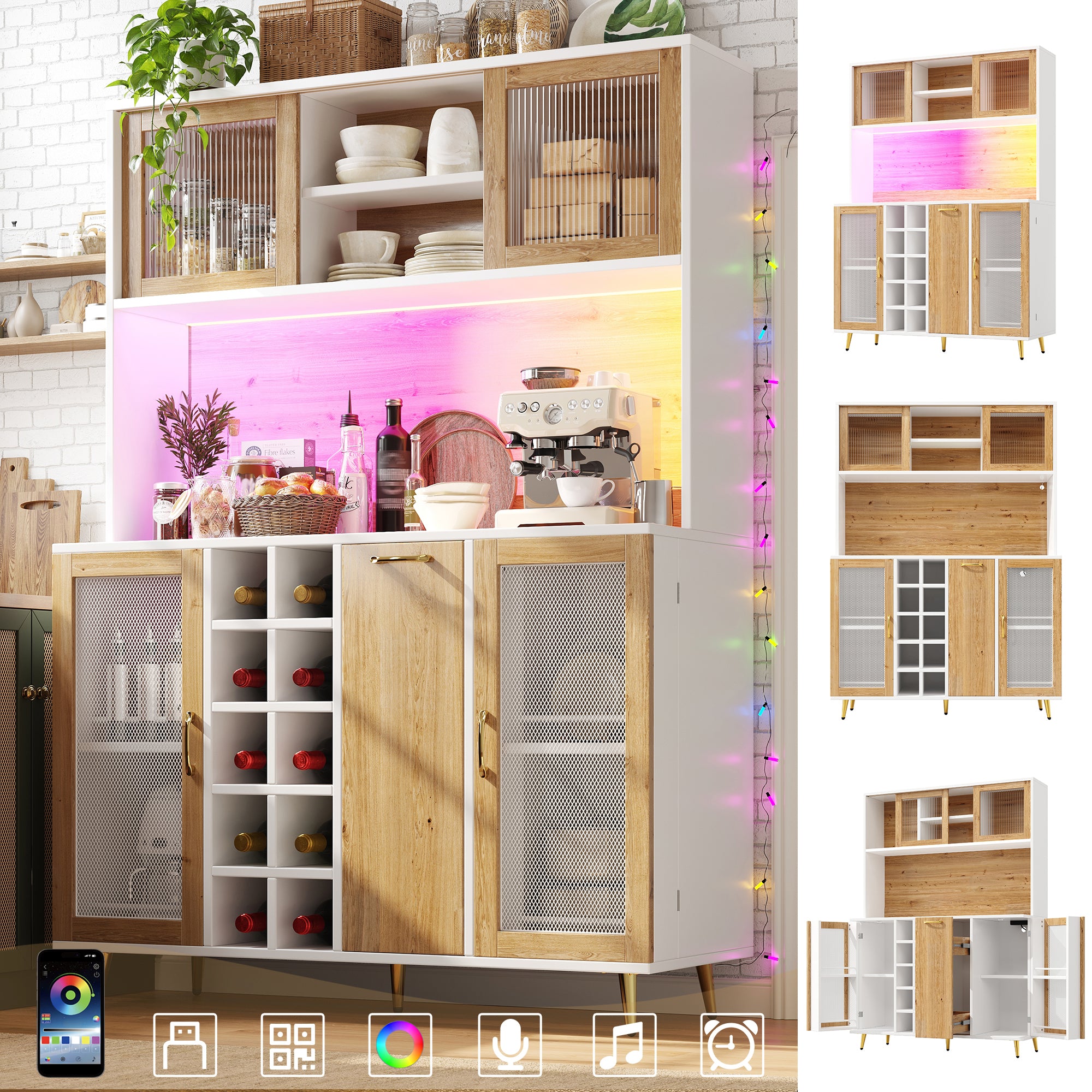 Buffet Sideboard Cabinet with LED Lighting, Wine Rack and Integrated Socket, White and Wood Look