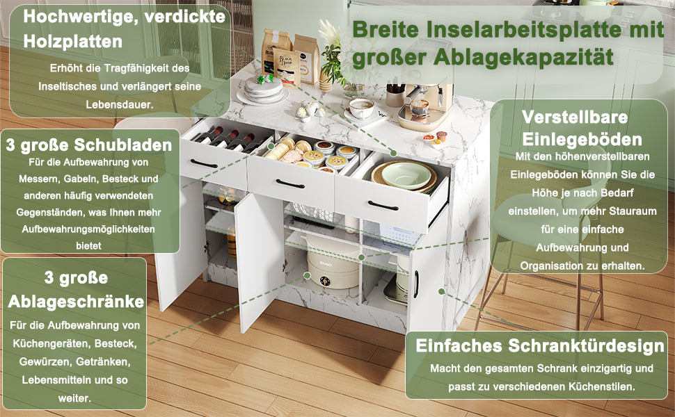 Large Kitchen Island 120x60cm 3 Drawers 3 Doors Adjustable Shelves - White Marble Design