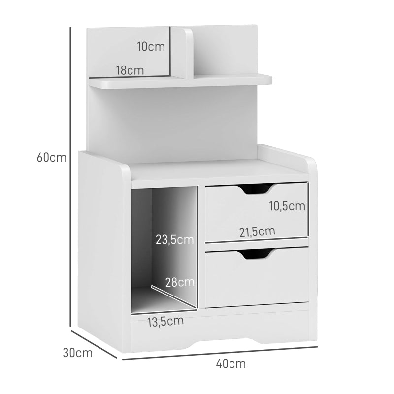 Bedside Table with 2 Drawers, Open Shelf, White