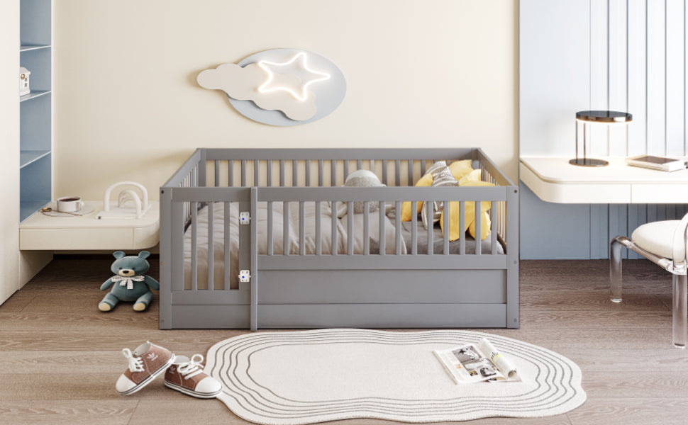 Children's Bed 140 x 200 cm, Wooden Frame with Bars & Door, Grey