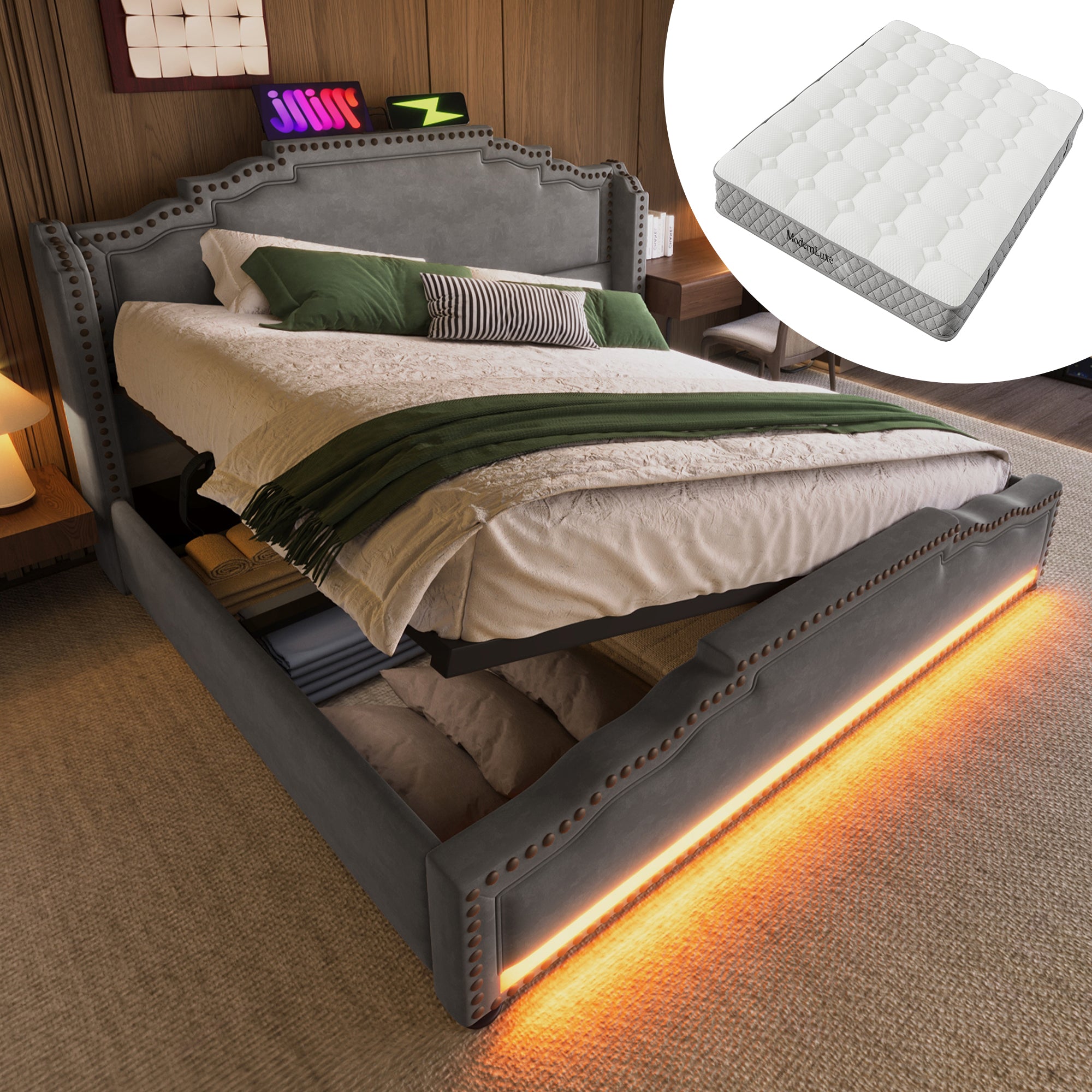 Upholstered Bed 140x200, Hydraulic Storage, LED, USB-C, Velvet Grey