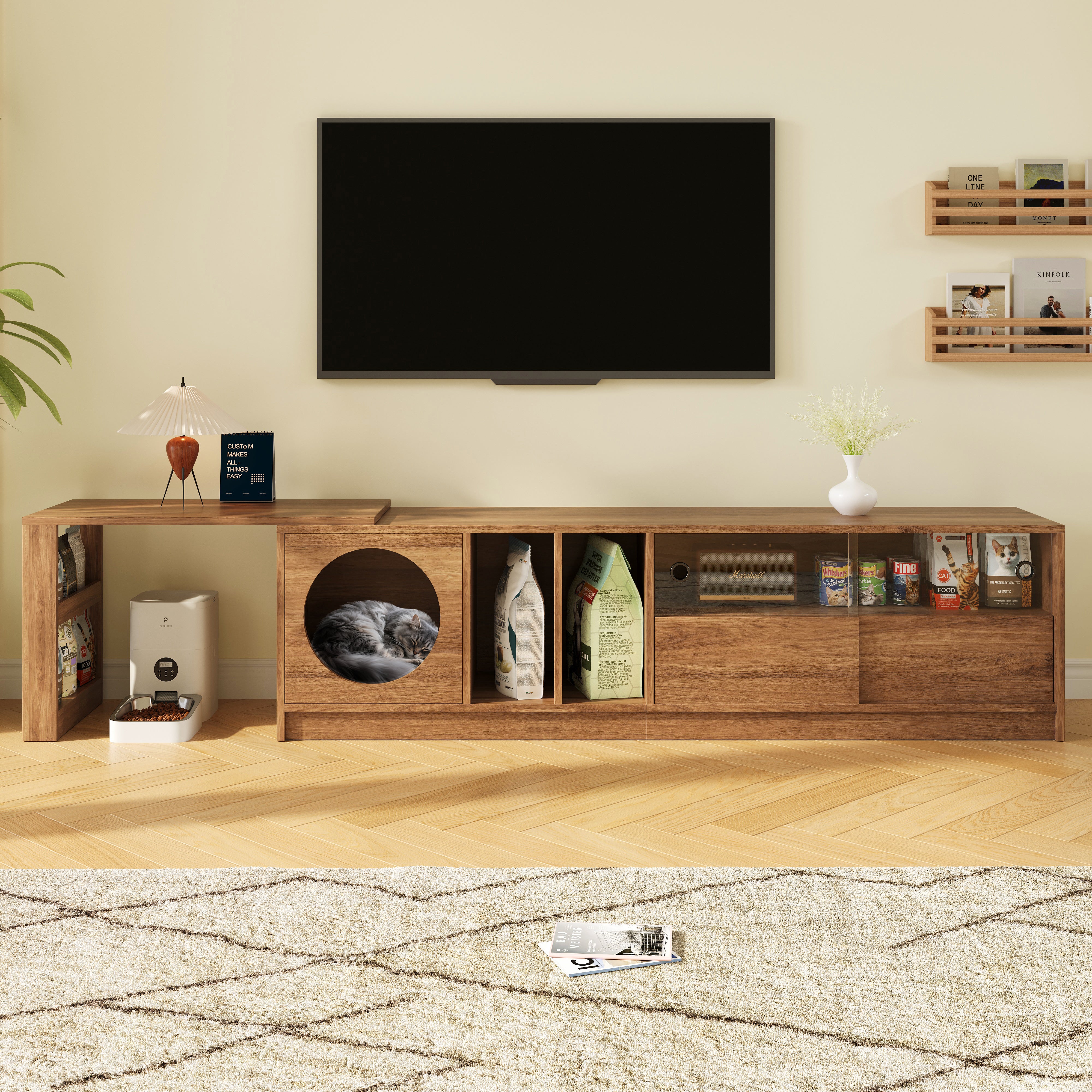 Modern rotating TV cabinet, multi-purpose extendable pet-friendly glass doors cat resting area, walnut color