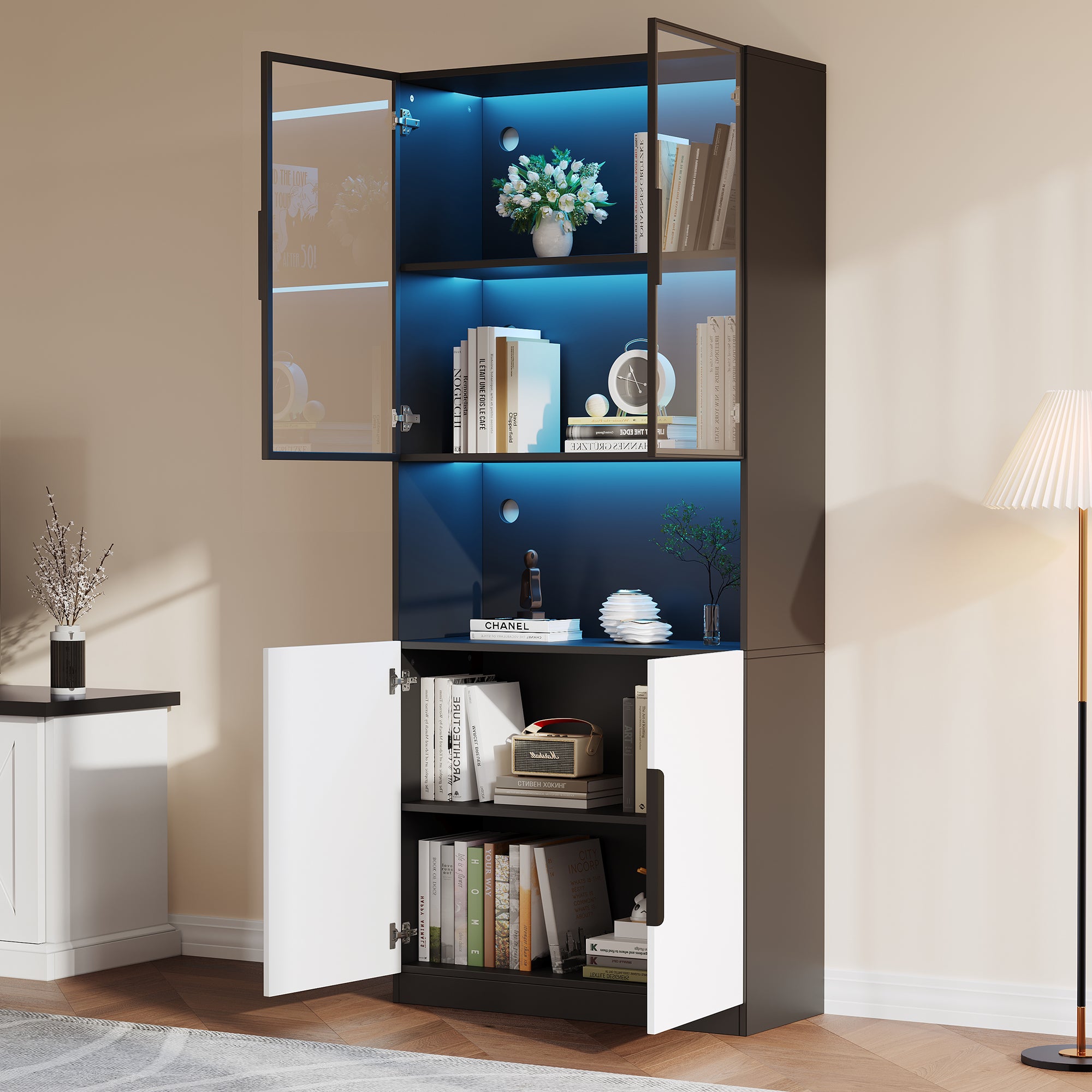 Display Cabinet, Minimalist LED Glass Doors, White with Black Decoration