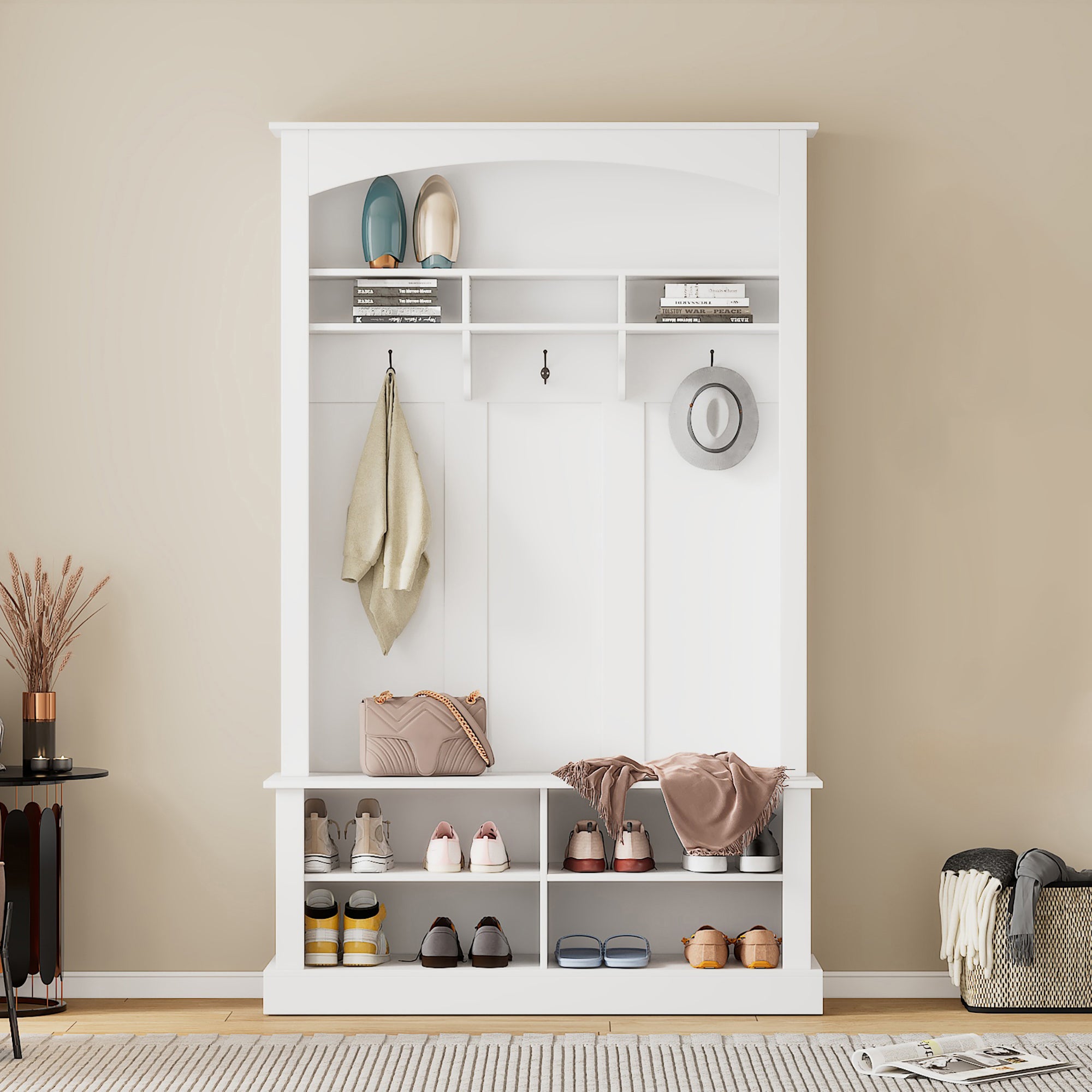 Wardrobe set with bench and shoe rack, multifunctional, storage, white