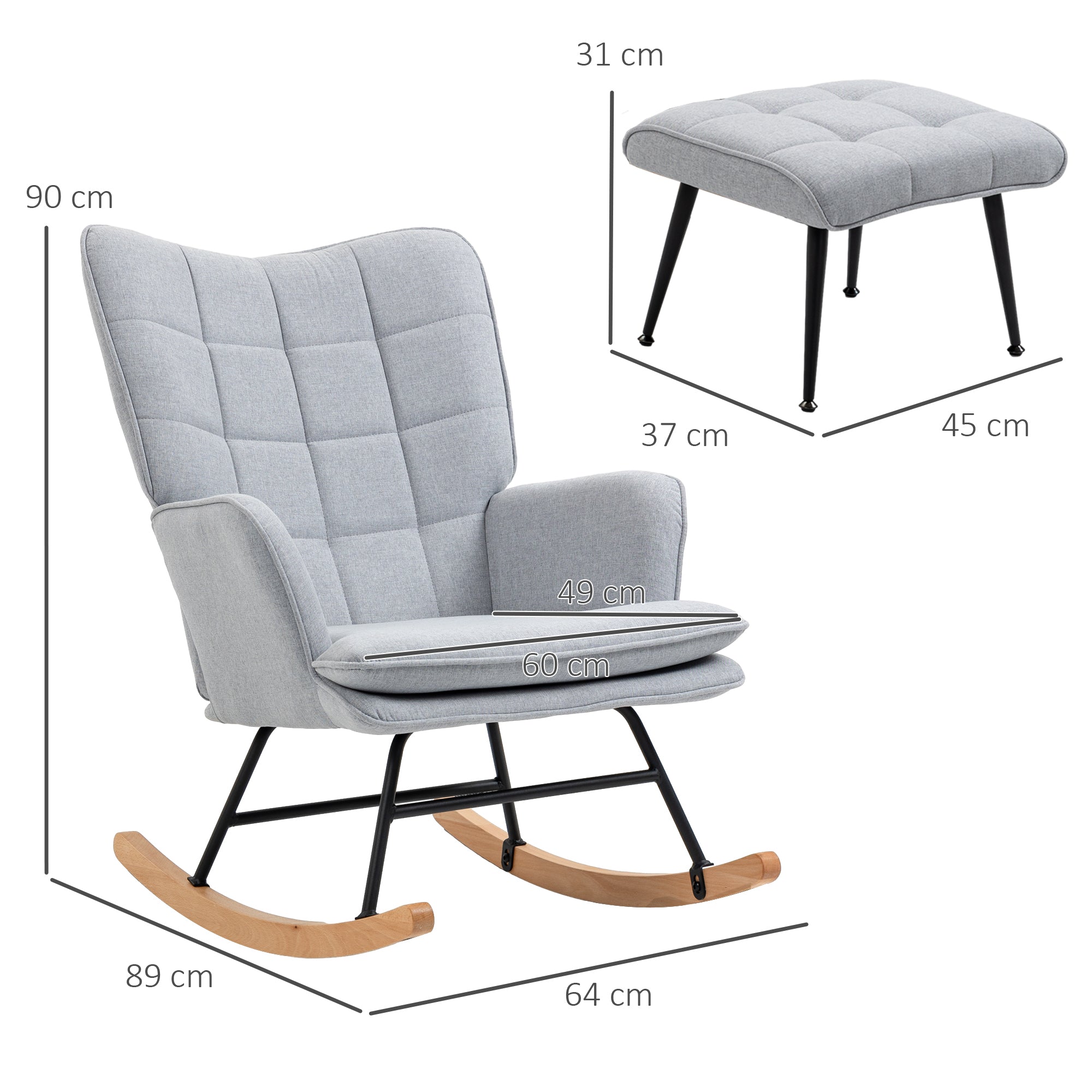 Rocking Chair with Stool, Armchair, Relaxing, 130 kg, Light Grey