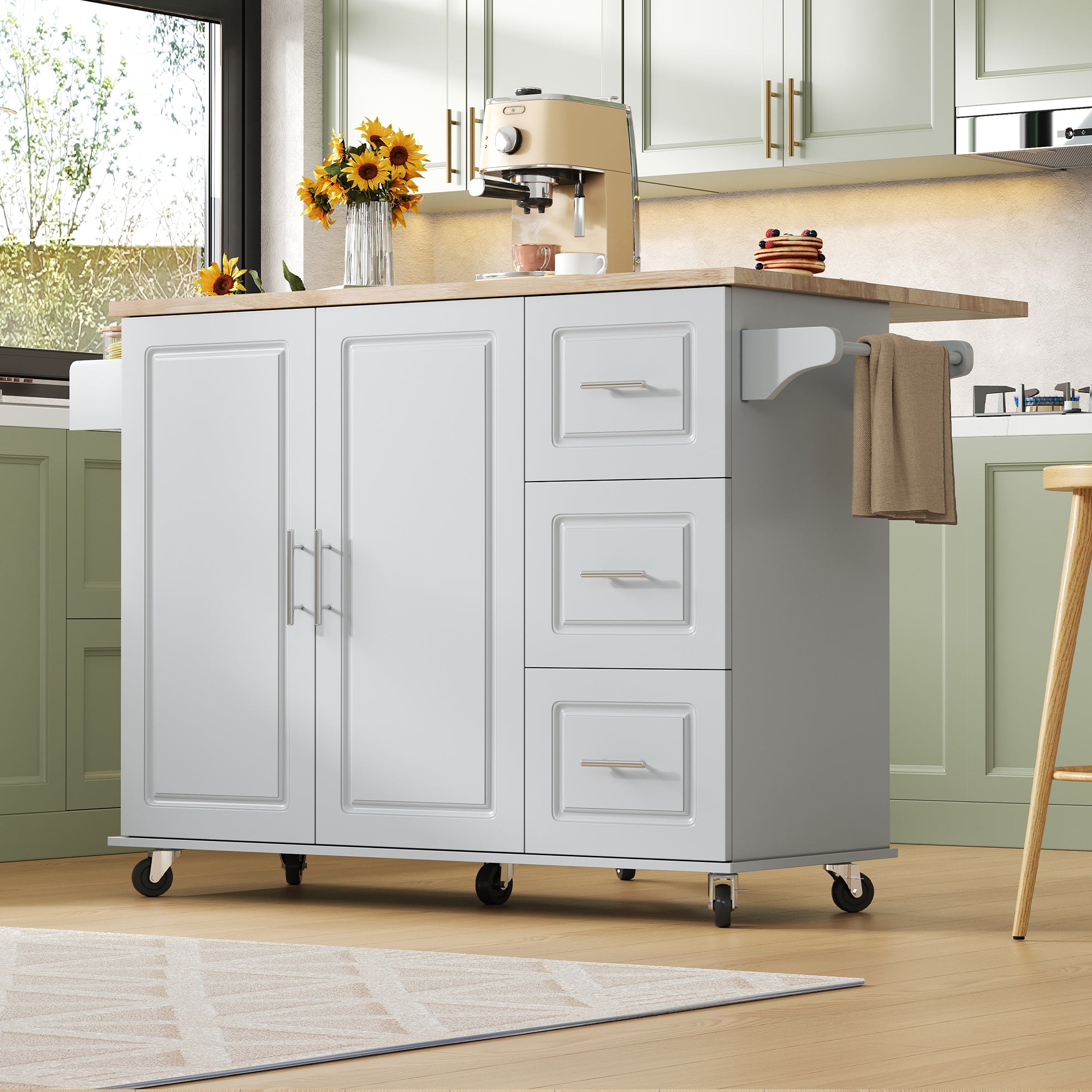 Mobile Kitchen Table with Foldable Design and 3 Drawers, Oak Worktop