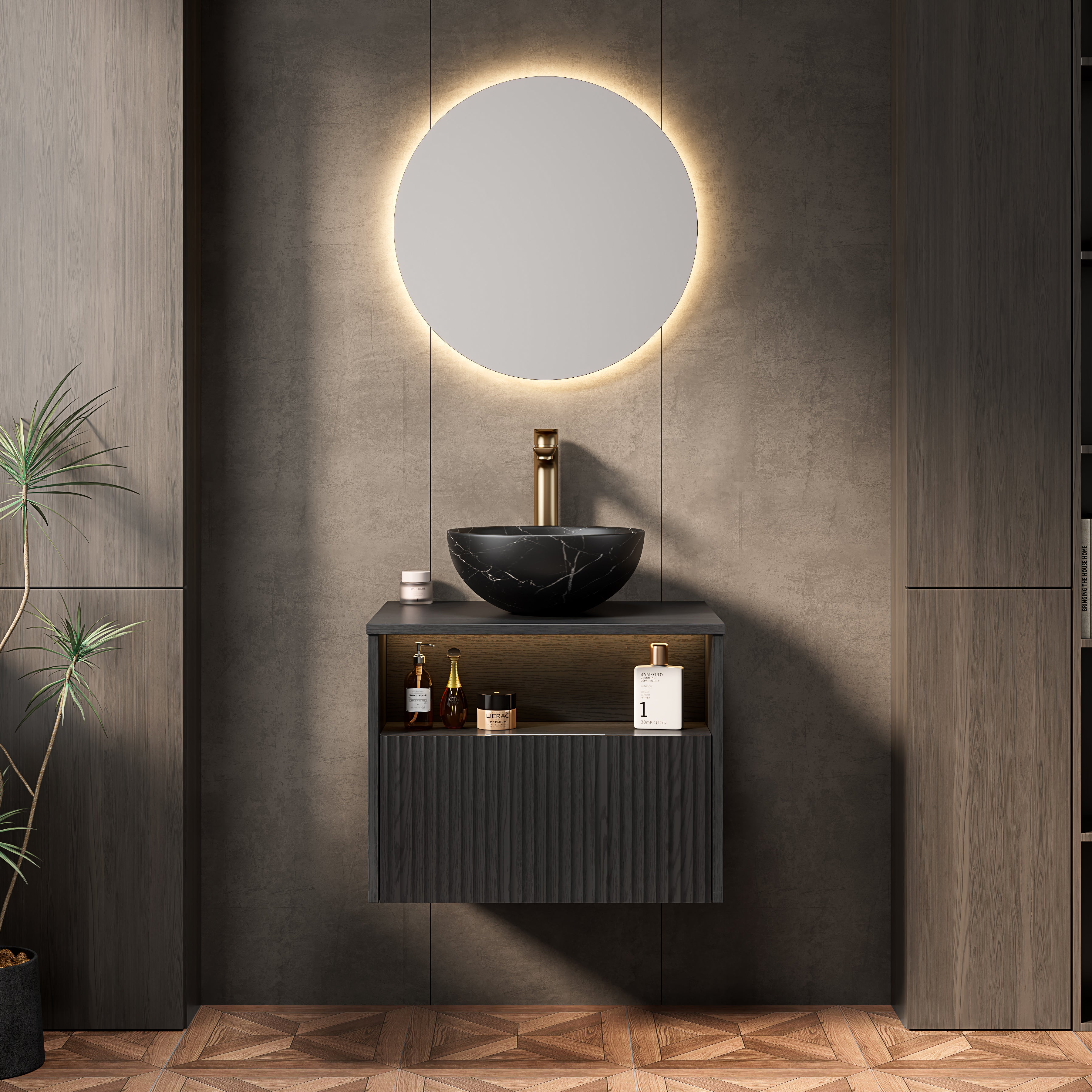 Floating Bathroom Washbasin with Ceramic Bowl and Sensor Light, 60cm Plywood Cabinet, Black