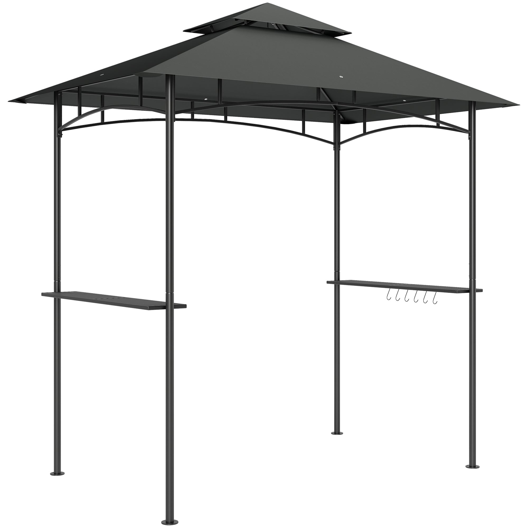 Grill Gazebo, Double Tiered BBQ Shelter Canopy with LED Lights, 2 Side Shelves, Hooks, Dark Grey