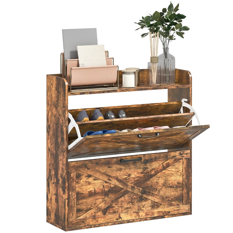 Two Flip Drawer Narrow Shoe Cabinet Adjustable Shelves Rustic Brown