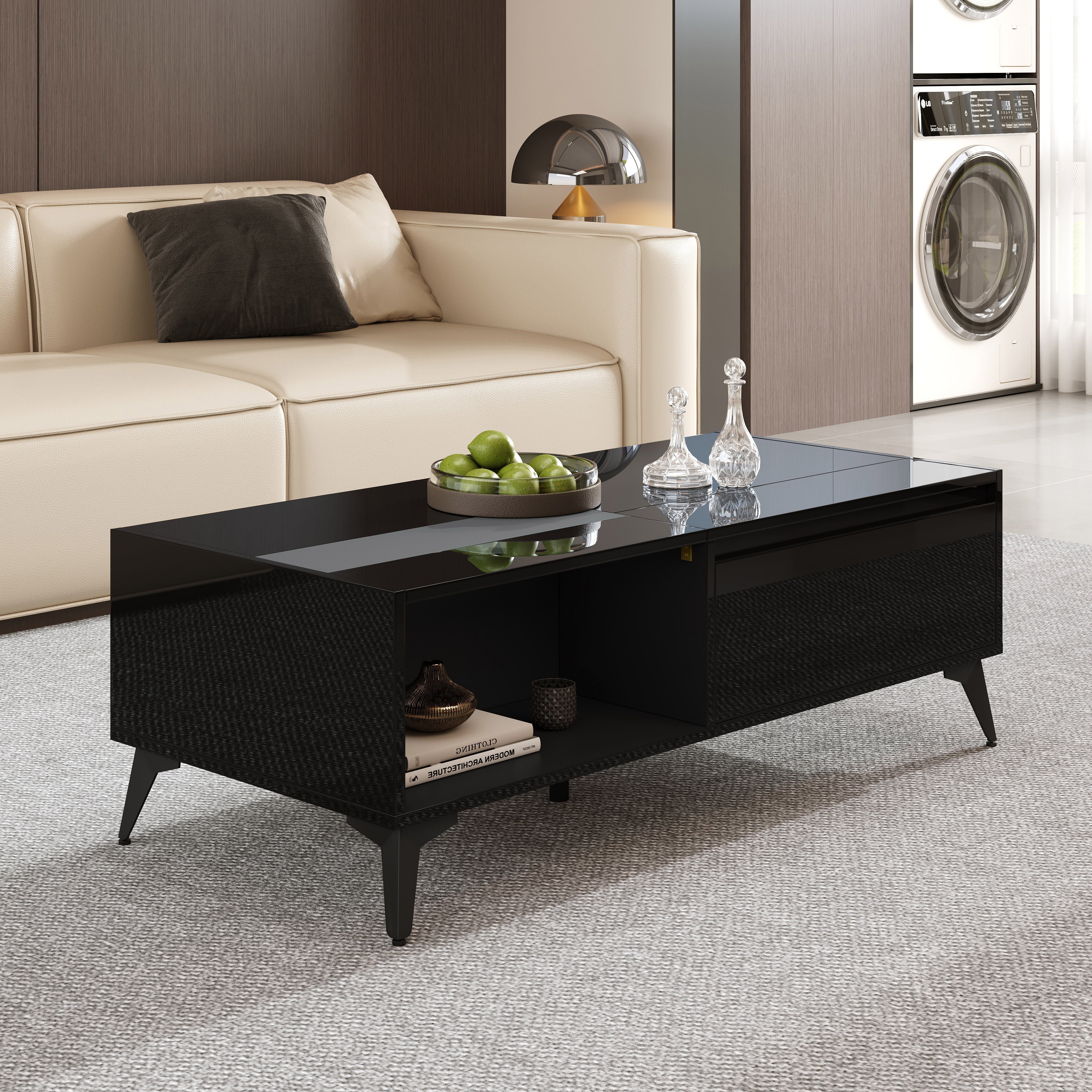 High-Gloss Coffee Table Height-Adjustable Folding Dining Table - Black