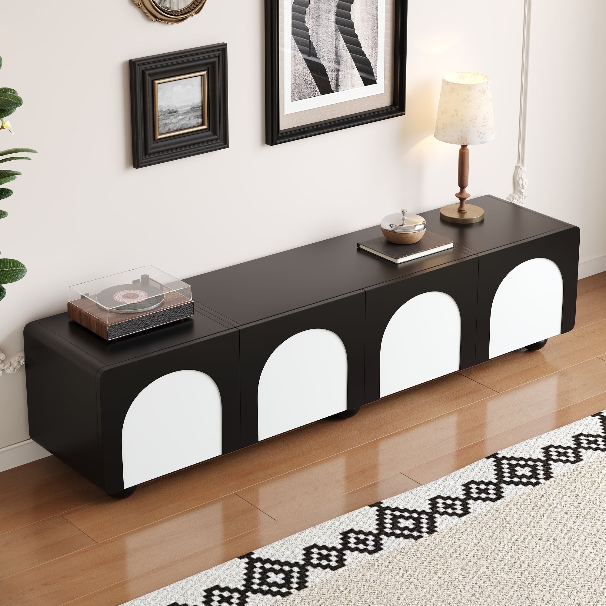 TV Cabinet with 2 Drawers, 2 Doors, Low Profile, Black and White