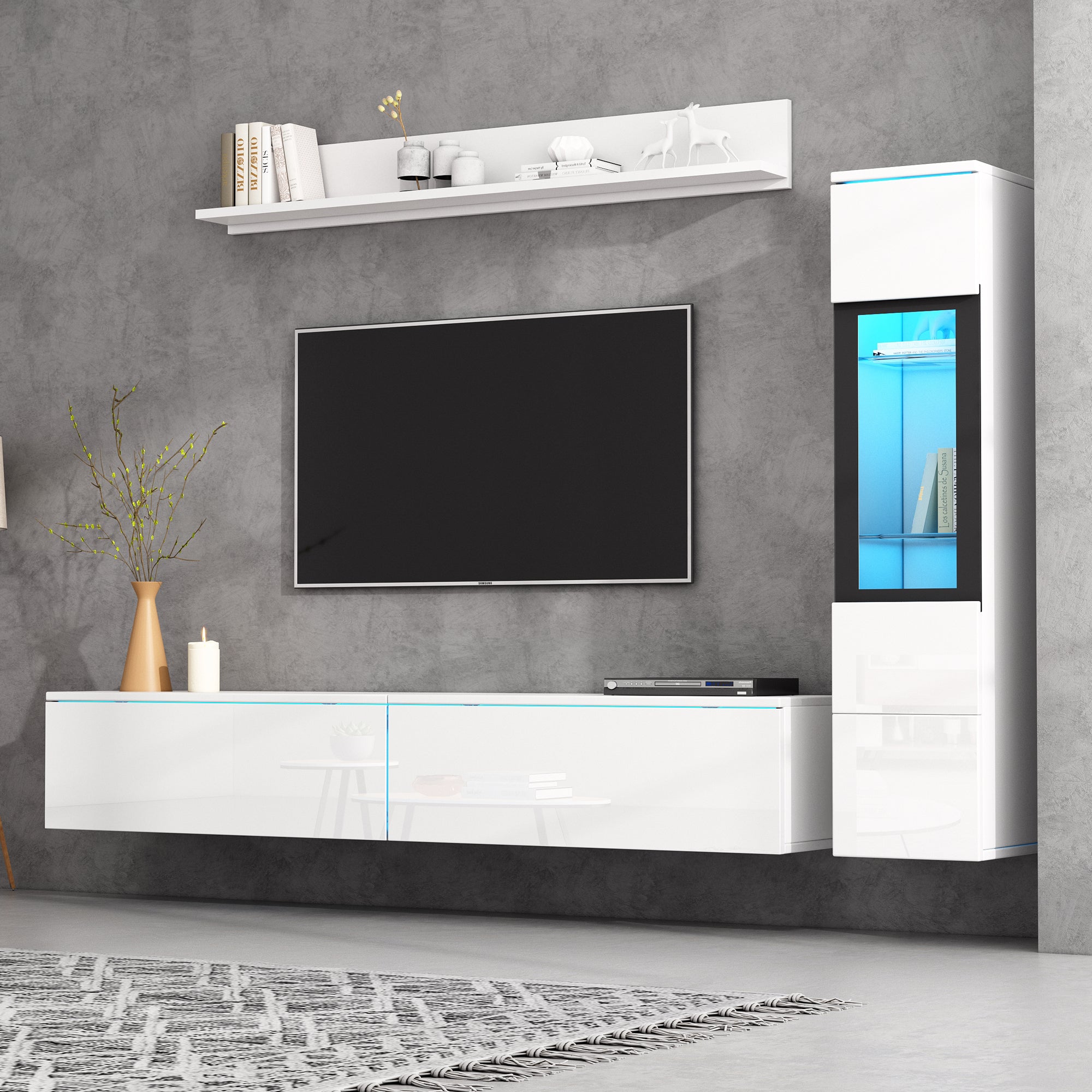 TV Wall Unit Set, 3-Piece LED Lighting, High Gloss White