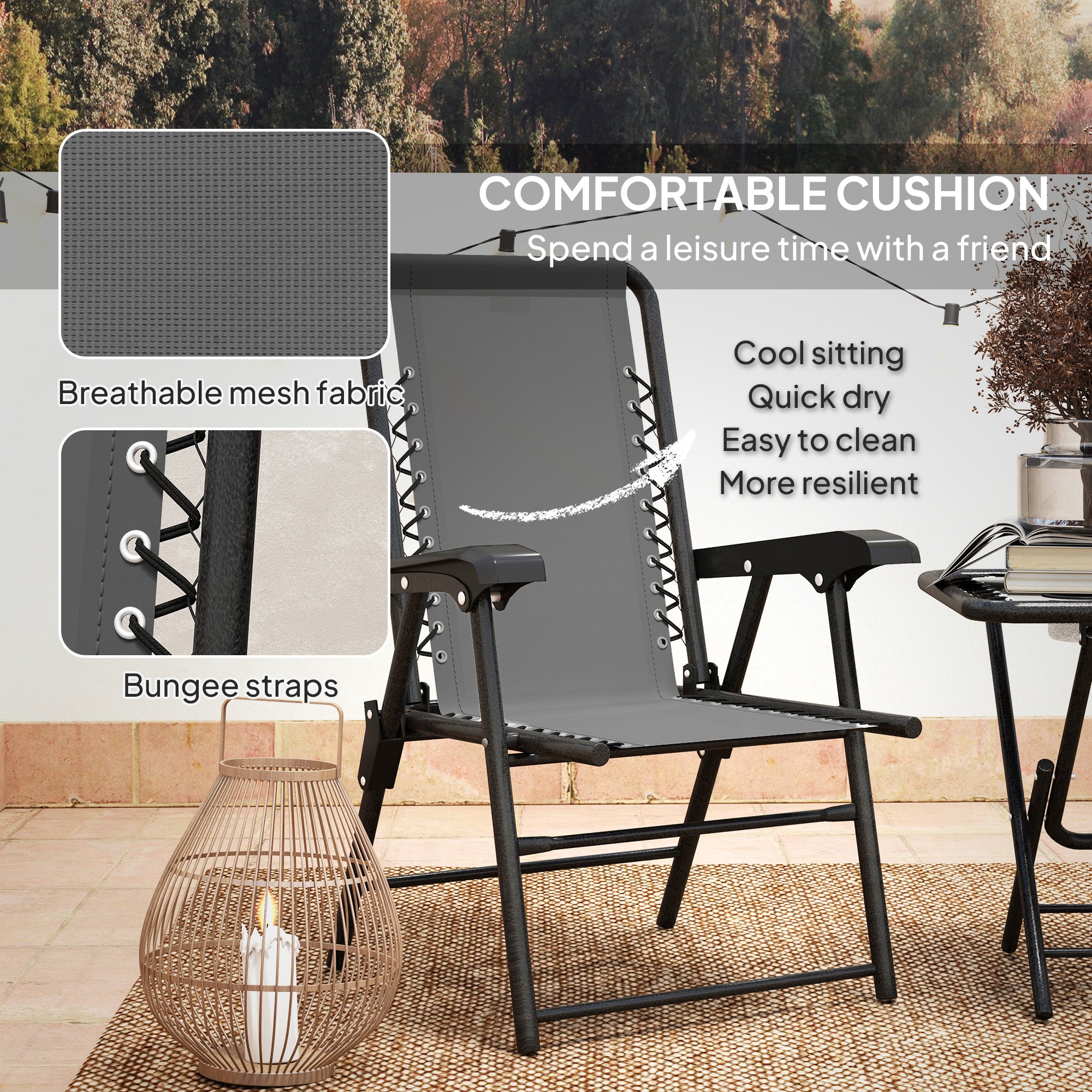 Three-Piece Garden Table and Chair Set, Folding Bistro Mesh-Top, Dark Grey