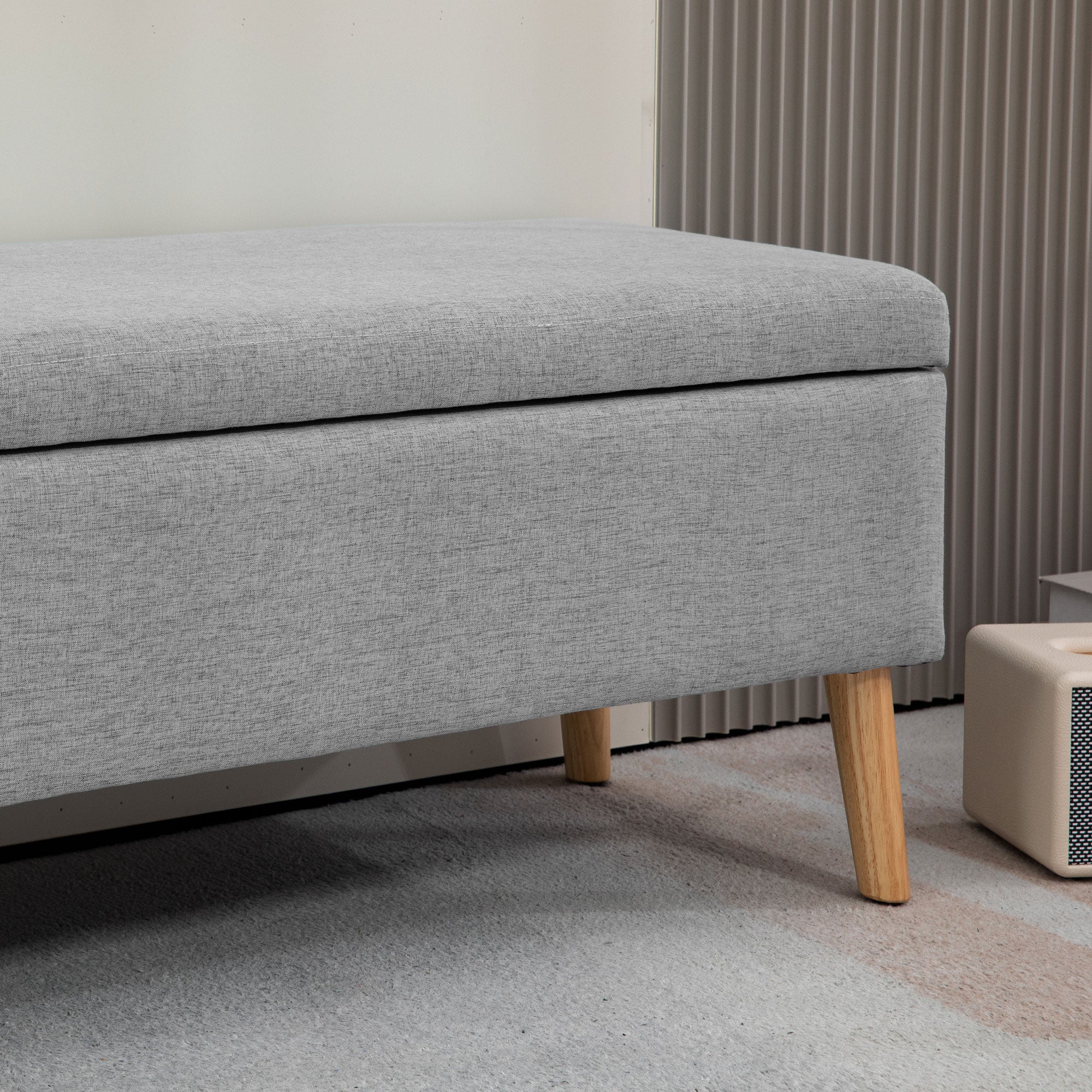 Upholstered bench with storage, 110 x 39 x 45 cm, grey linen look, rubber wood