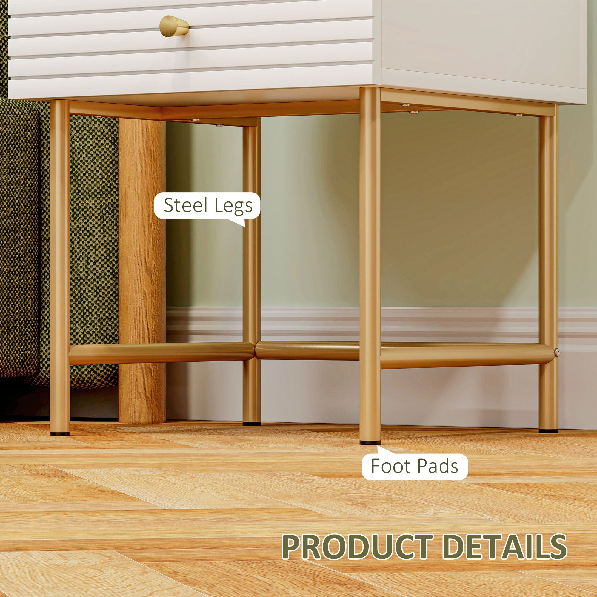 Set of Two Bedside Tables, Elegant Two-Drawer Storage, White/Gold-Tone