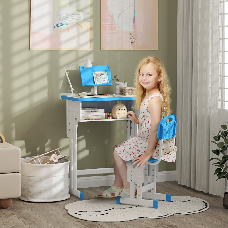 Kids Adjustable Desk and Chair Set with Book Stand and Pen Slot - Blue