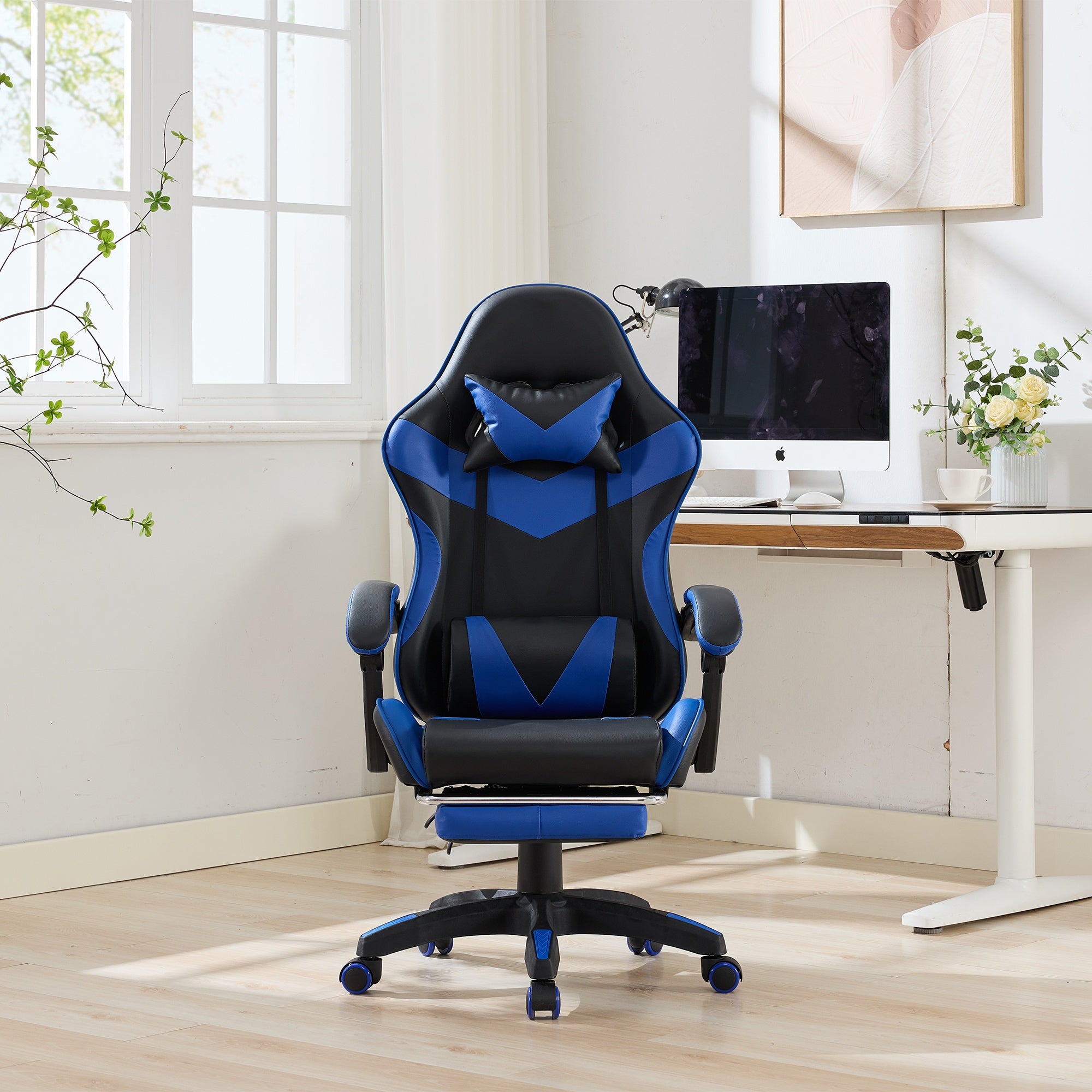 Gaming Chair Ergonomic Racing High-Back with Footrest Headrest Lumbar Support - Black & Blue Leather