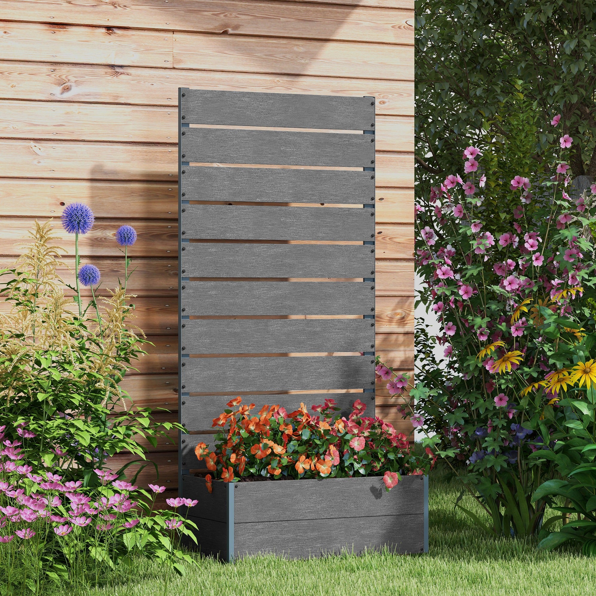 Garden Planter Box with Back Trellis, Grey