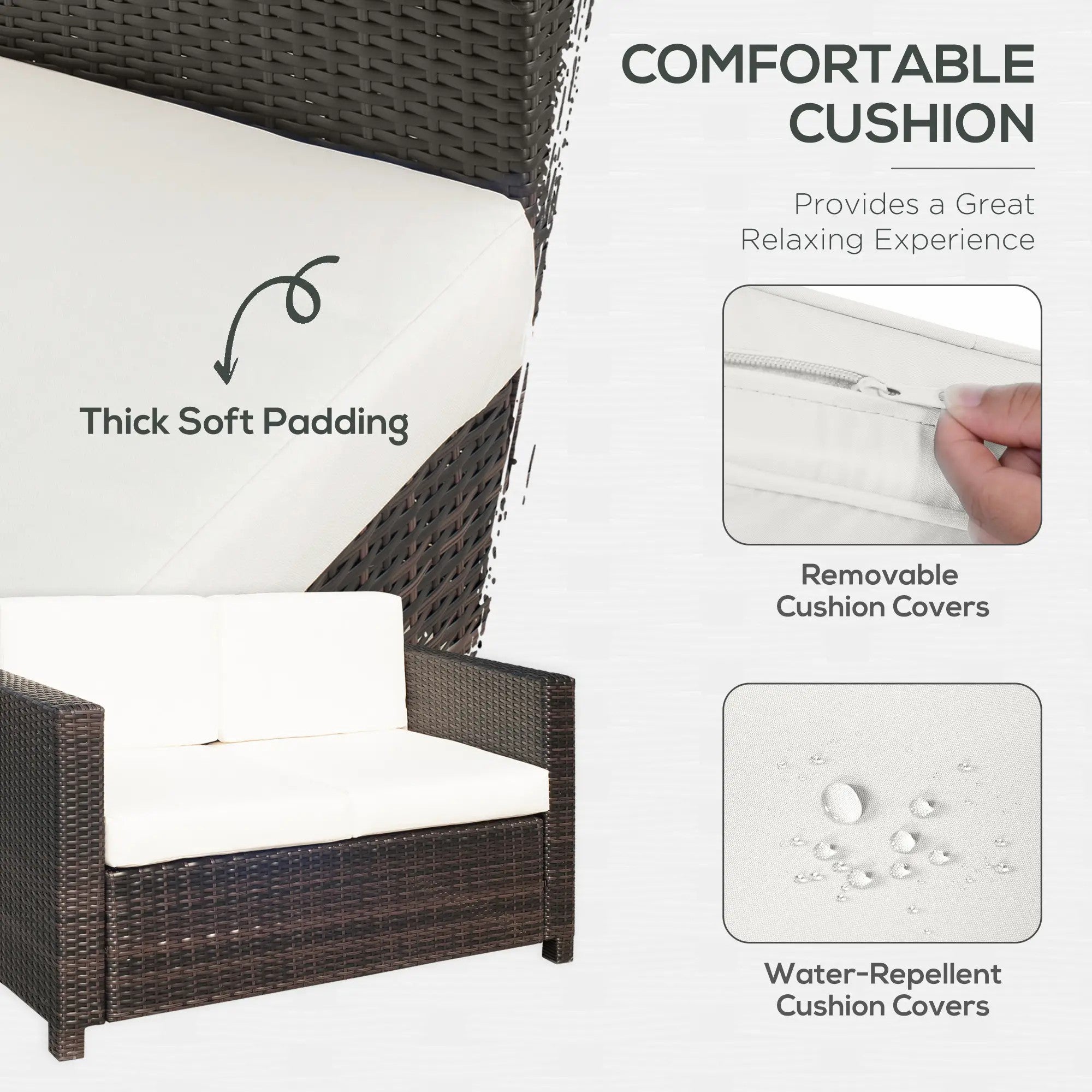 Rattan Sofa, 2 Seater Garden Loveseat with Padded Cushion and Armrests, Mixed Brown