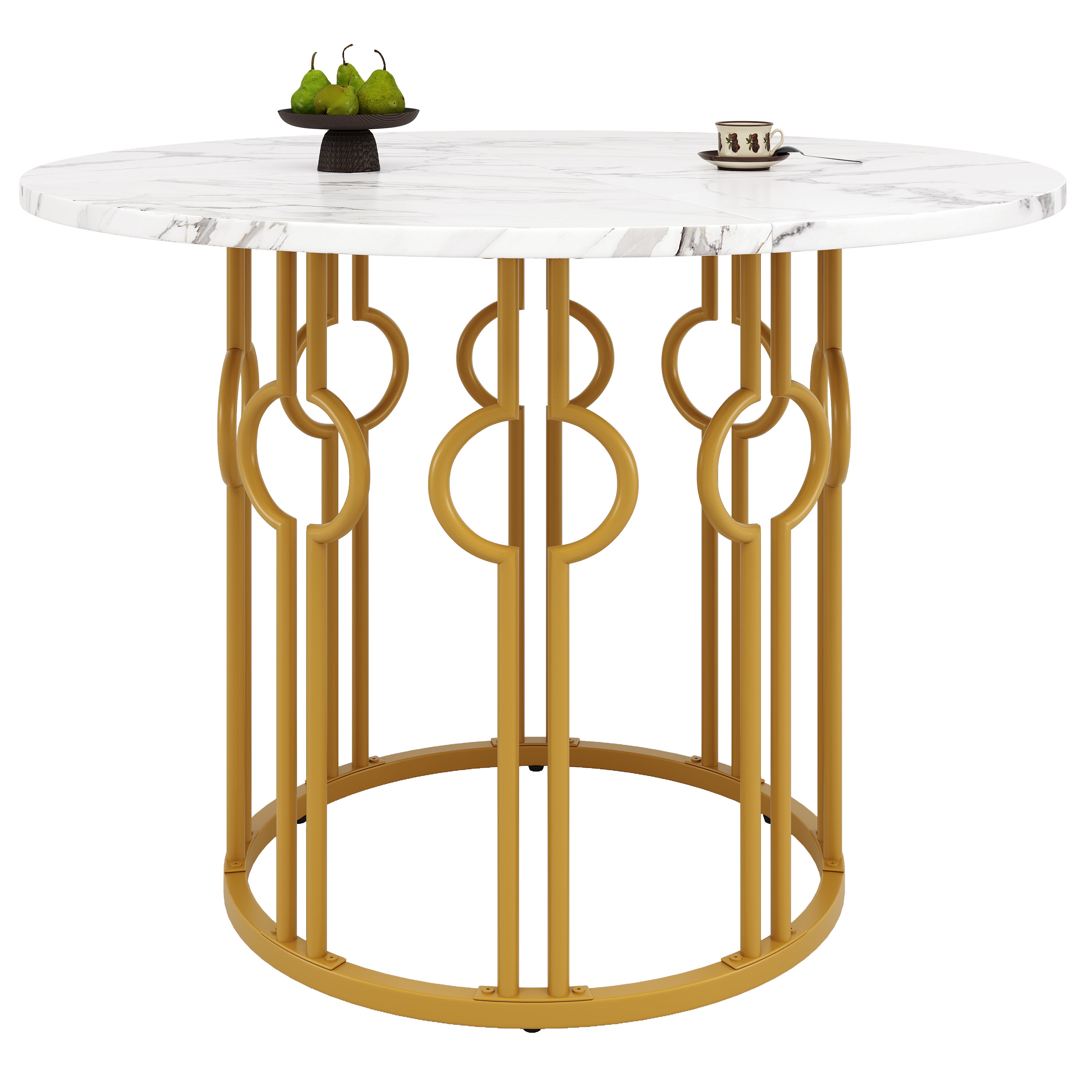 Round Dining Table, 100x100x76cm, Coffee Table for 4, MDF Marbled Top, Golden Metal Legs