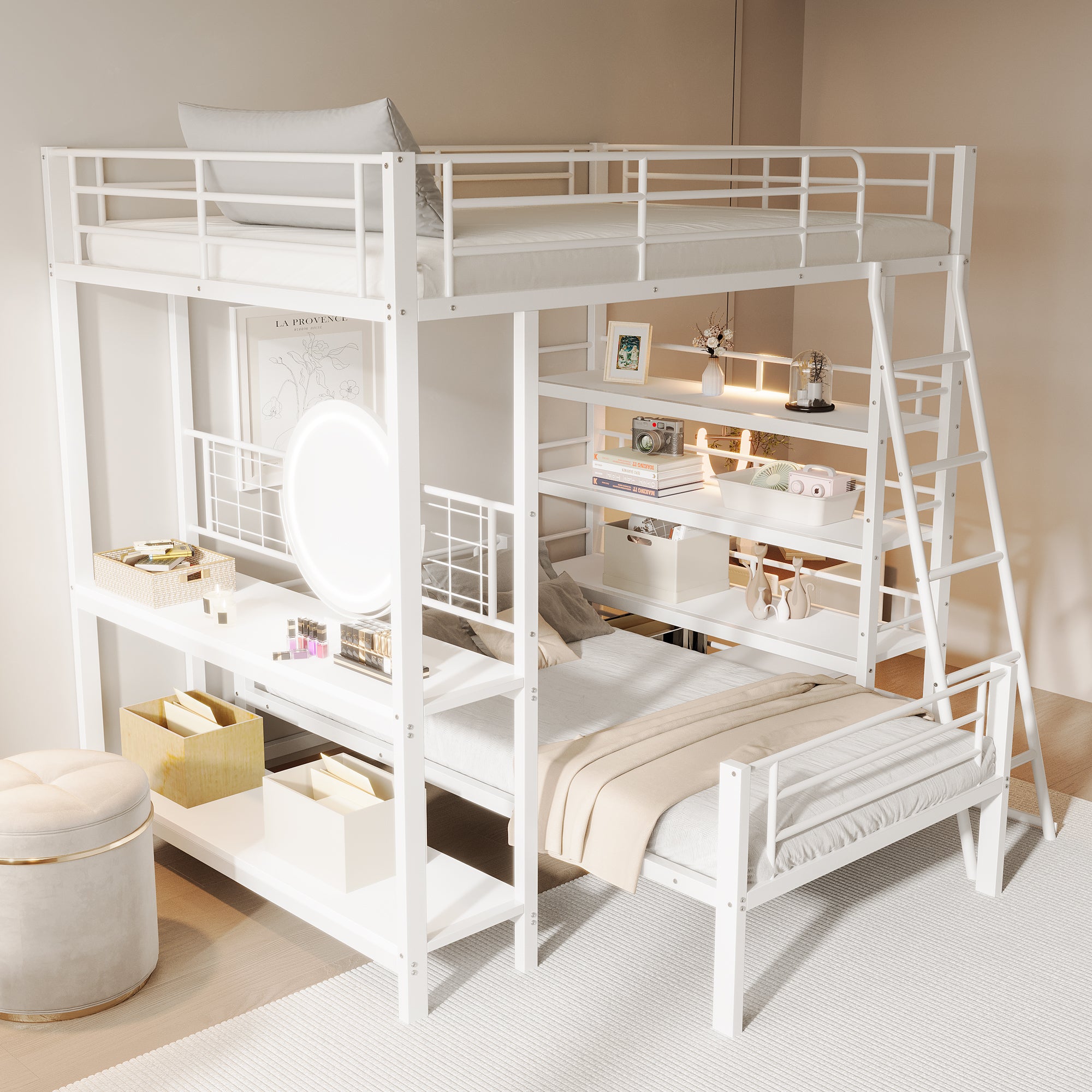 Bunk Bed, Loft 140x200 Multifunctional with Storage, White Metal