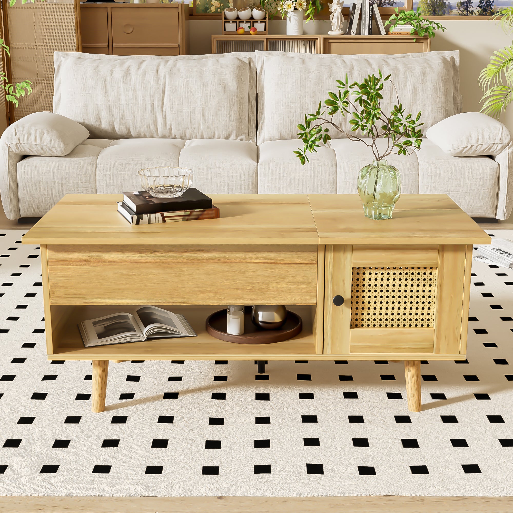 Coffee Table Lift-Up Top Rattan Doors Storage Wood/Black