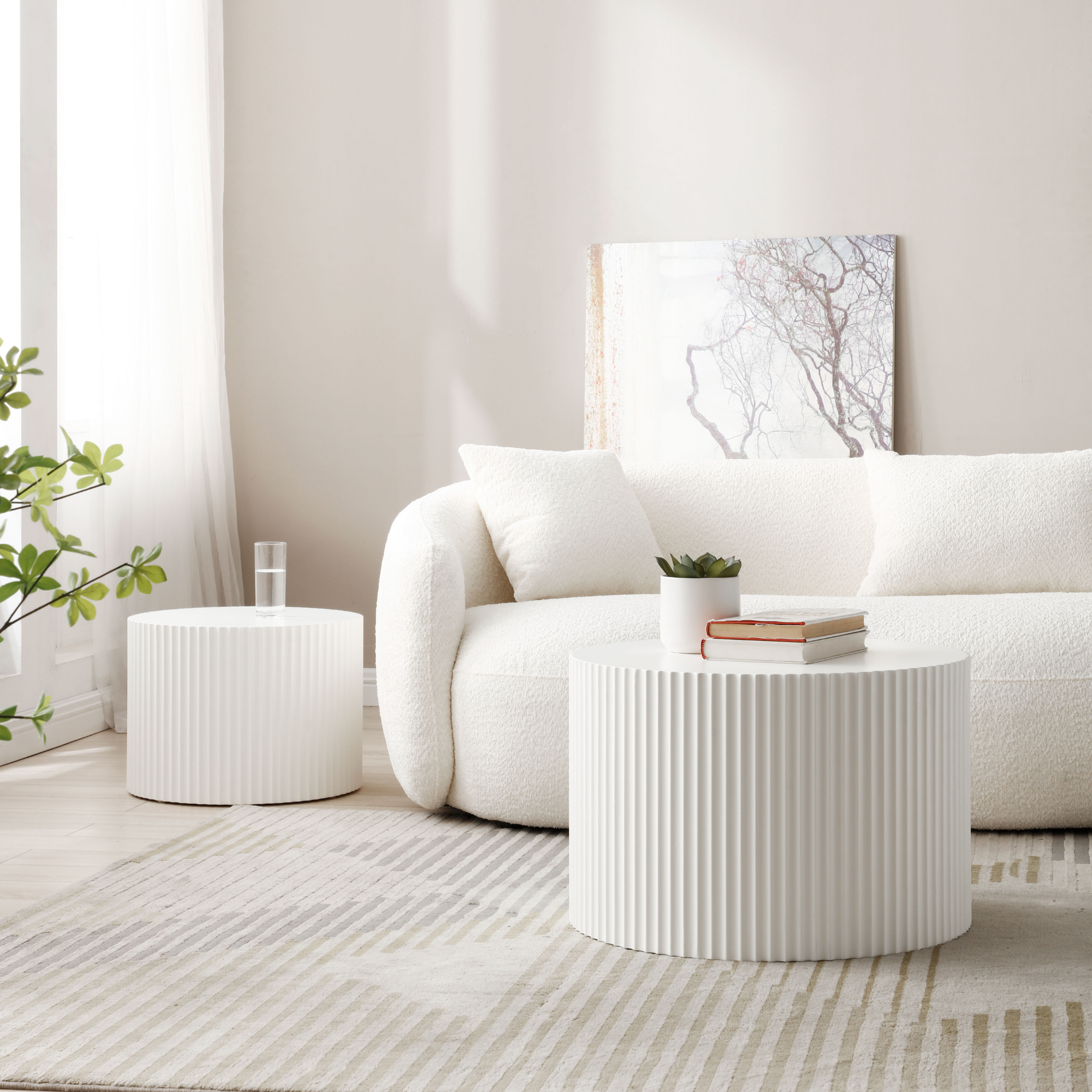 Modern Side Table Set Wavy Edge Nesting Design 60x40 & 48x35cm Matte White