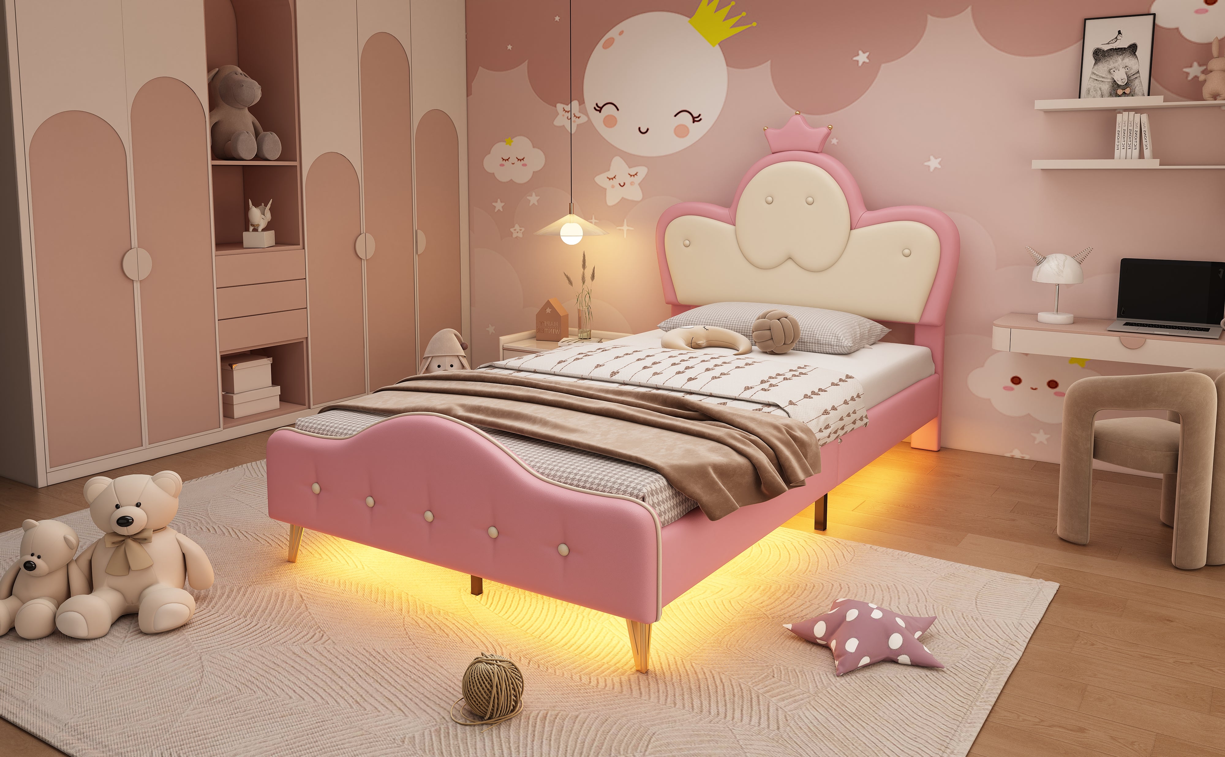 Upholstered Children's Bed with Crown Headboard, LED Strip, PU, Pink + White