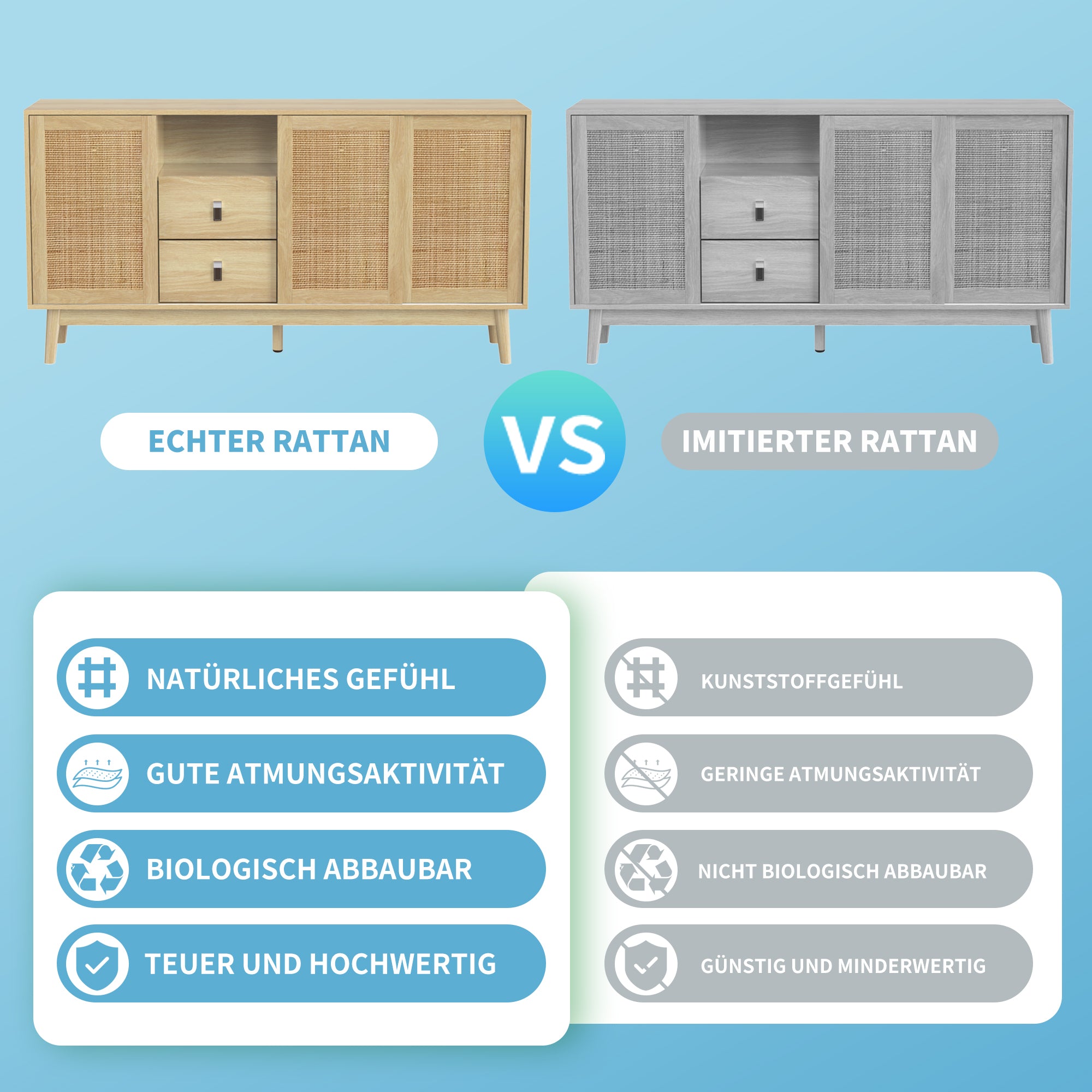 Sideboard, 3 Sliding Real Rattan Doors & 2 Drawers, Wood Color